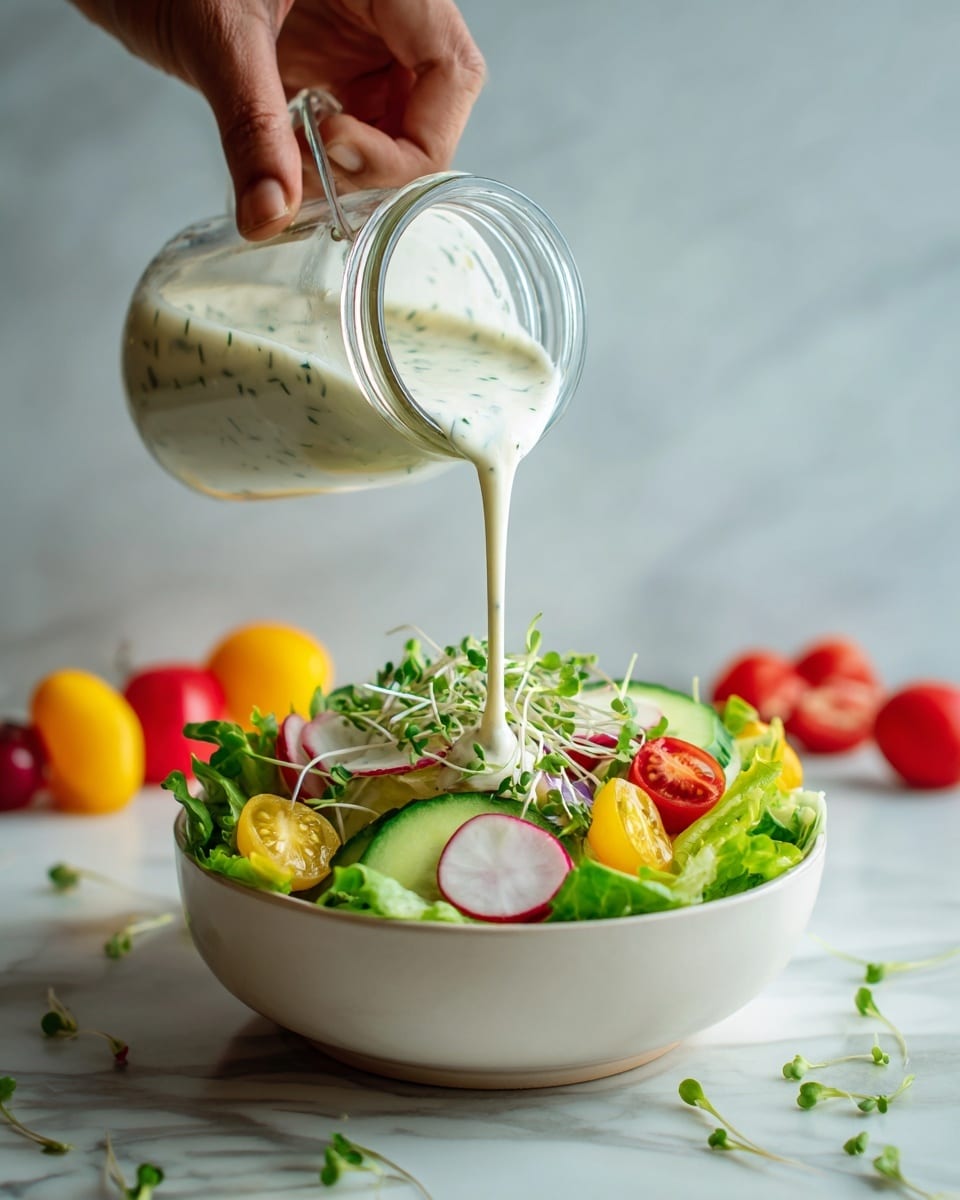 A white bowl filled with a fresh salad sits on a white marbled surface. The salad has several layers: at the base, light and dark green lettuce leaves with a crisp texture. On top, thin round slices of radish with a bright pink outline and white centers are spread among slices of green cucumber. Scattered cherry tomatoes, both yellow and red, add bright spots of color. There are small green microgreens on top and in between the vegetables. The whole salad is drizzled with a creamy light green herb dressing that looks smooth and thick. Around the bowl, loose cherry tomatoes, radishes with green leaves, and bits of microgreens scatter lightly. A clear jar filled with the same dressing is placed behind the bowl. The photo taken with an iphone --ar 4:5 --v 7