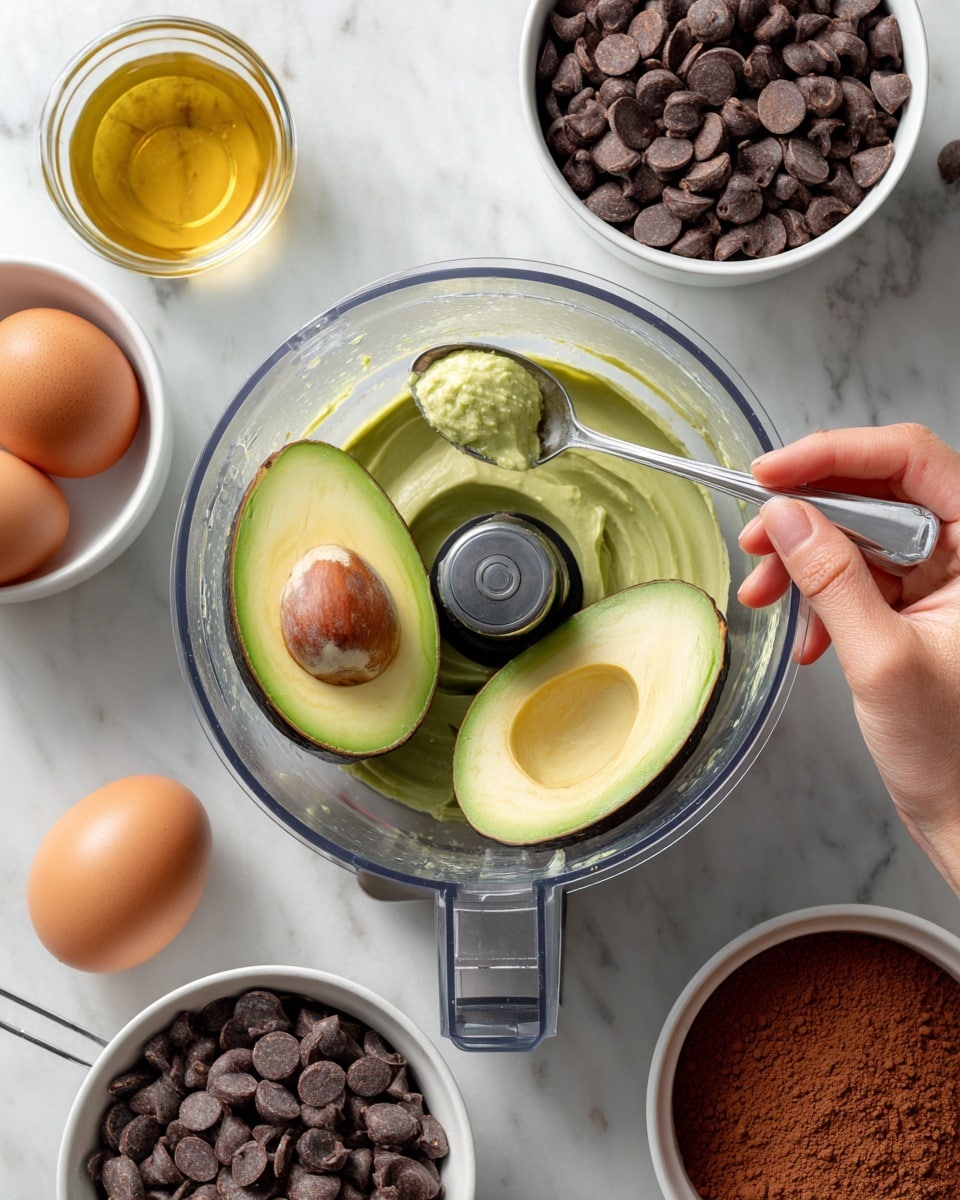 A clear food processor bowl is centered on a white marbled surface, holding one half of a green avocado with its pit removed, while a woman's hand uses a spoon to scoop out the creamy, light green inside from the other half of the avocado held in the other woman's hand. Surrounding the food processor are ingredients in small white bowls or metal measuring cups: in the top right, there is a white bowl filled with reddish-brown cocoa powder and a metal cup with a light yellow purée, to the left are two brown eggs and a small glass container with light golden oil, and above the processor is a white bowl overflowing with small dark brown chocolate chips. photo taken with an iphone --ar 4:5 --v 7