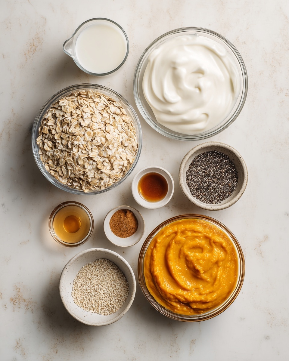 The image shows seven small glass bowls arranged on a white marbled surface, each holding different ingredients. The largest bowl contains light beige rolled oats with a rough texture, placed near the bottom left. Above it, a medium bowl holds smooth, creamy white yogurt with a wavy surface. To the right of the oats, a smaller bowl is filled with bright orange smooth pumpkin puree with swirls on top. Next to it, a small bowl contains black and white chia seeds with a grainy texture. Above the seeds is a tiny bowl with a brown powder, likely cinnamon, having a fine texture. Above the cinnamon is a small bowl of amber maple syrup with a glossy, liquid surface. On the top left, a glass measuring cup filled with white milk sits with a shiny surface. At the very bottom left corner, a tiny bowl holds a light golden liquid, probably vanilla extract. The light is soft and natural. Photo taken with an iphone --ar 4:5 --v 7