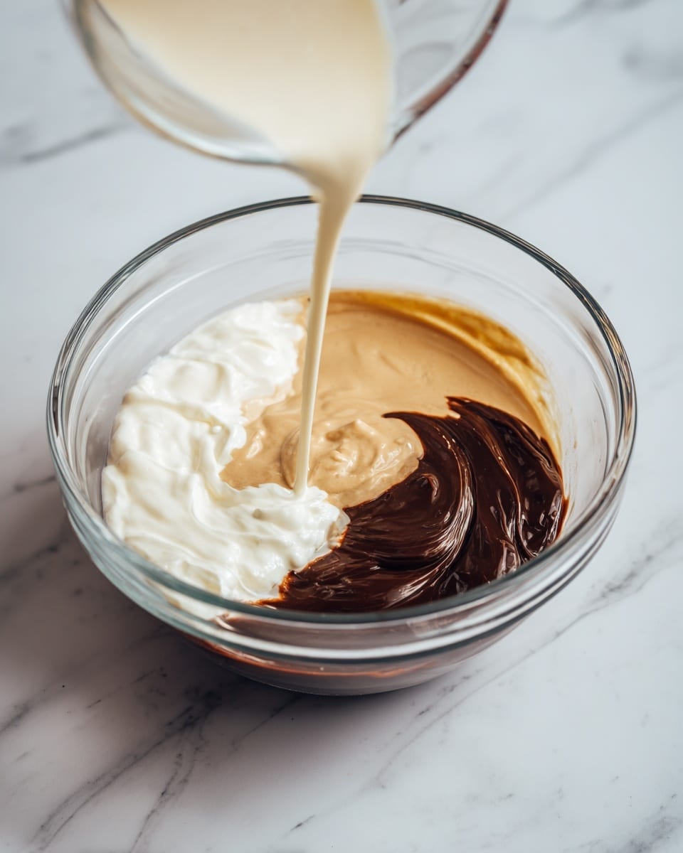 A clear glass bowl holds three main layers: a thick white creamy layer sits on the left side, next to a rich dark brown layer on the right side, and a light beige smooth layer surrounds both underneath. A clear liquid with a white color is being poured from a clear measuring cup into the bowl, partially mixing with the other layers at the top. The bowl is placed on a white marbled surface. photo taken with an iphone --ar 4:5 --v 7
