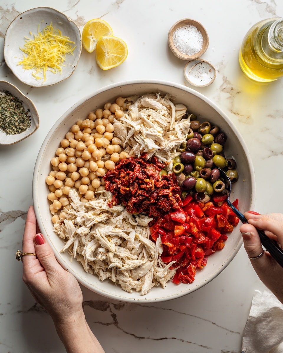 A large white bowl filled with five distinct layers of food arranged side by side: light beige cooked chickpeas on the top left, shredded white chicken mixed with chopped green and black olives on the right side, bright red roasted diced bell peppers at the bottom left, and a dark red chopped sun-dried tomato mixture in the center overlapping parts of the chicken and peppers. A woman's hand holds the bowl on the left while another woman's hand uses a black utensil to mix the olives and chicken on the right side. The bowl sits on a white marbled surface with a small dish of white salt and black pepper, half a lemon, a small plate with lemon zest, and a glass bottle of olive oil around it. Photo taken with an iphone --ar 4:5 --v 7