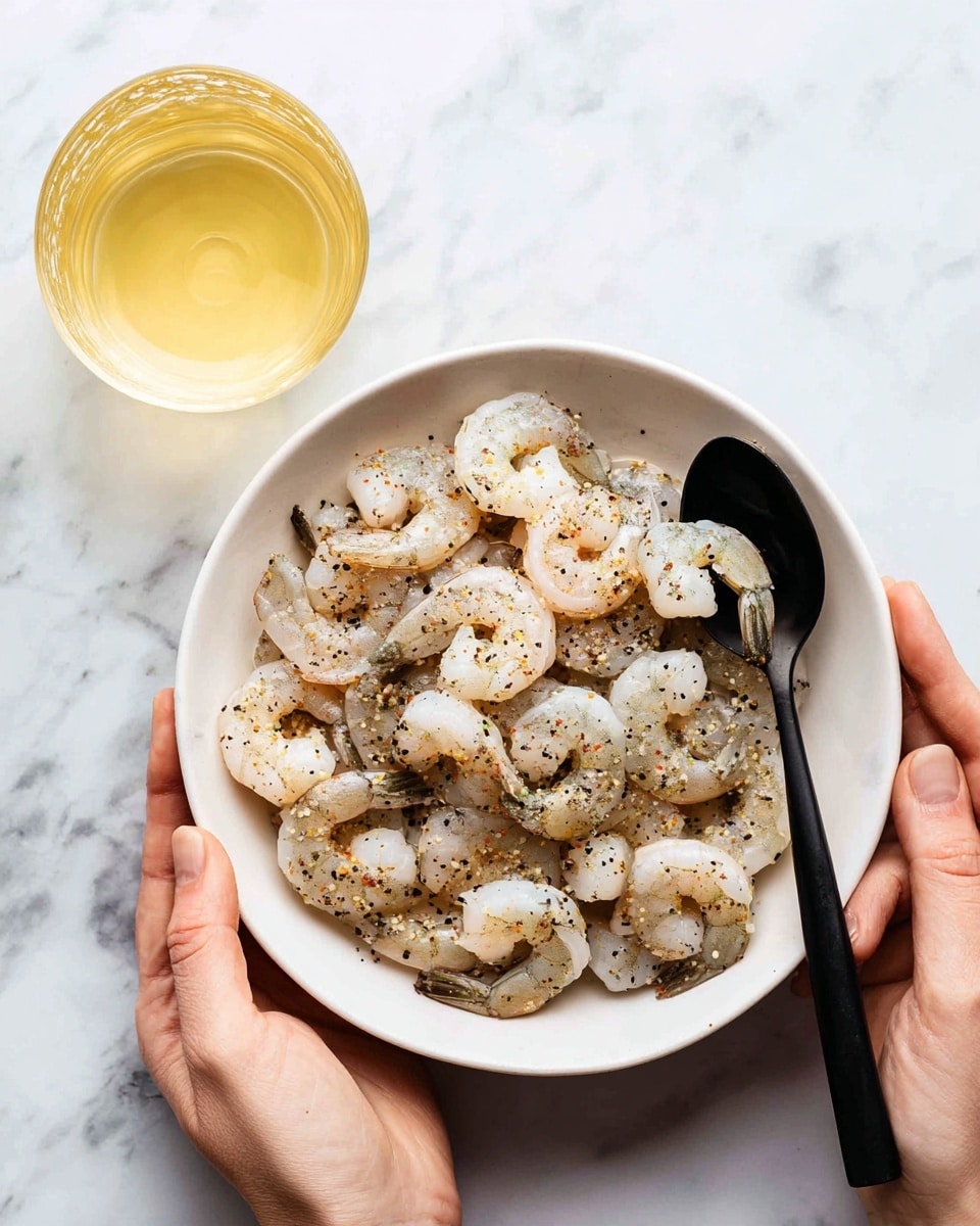 A clear glass measuring cup sits on a white marbled surface, filled with a mix of yellow melted butter, dark red chili flakes, and a small mound of white powder from flour, arranged in distinct layers inside. Next to the cup, a white plate holds raw, pale pink shrimp. Nearby are a few bulbs of garlic with papery skin, bright green broccoli florets at the top left, and a small jar of golden honey with a wooden honey dipper. A woman's hand is pouring a dark brown liquid into the measuring cup from a small glass container above. The whole scene is brightly lit and clean. photo taken with an iphone --ar 4:5 --v 7