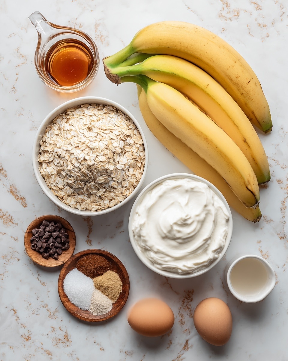 The image shows a white bowl filled with light beige rolled oats as the bottom layer, placed on a white marbled surface. Nearby, a creamy white bowl holds a thick layer of smooth white ricotta cheese. Next to it, a clear glass container with a handle contains a small amount of amber-colored syrup. Three yellow bananas with greenish tips rest in a cluster on the surface. A small wooden bowl holds small dark brown chocolate chips, while a nearby small wooden plate displays four types of powdered spices and ingredients: cinnamon brown, white baking powder, salt, and a tan spice. Two brown eggs lay close to the oats bowl with a tiny white cup containing amber vanilla extract. The whole arrangement is set on a white marbled texture background, photo taken with an iphone --ar 4:5 --v 7