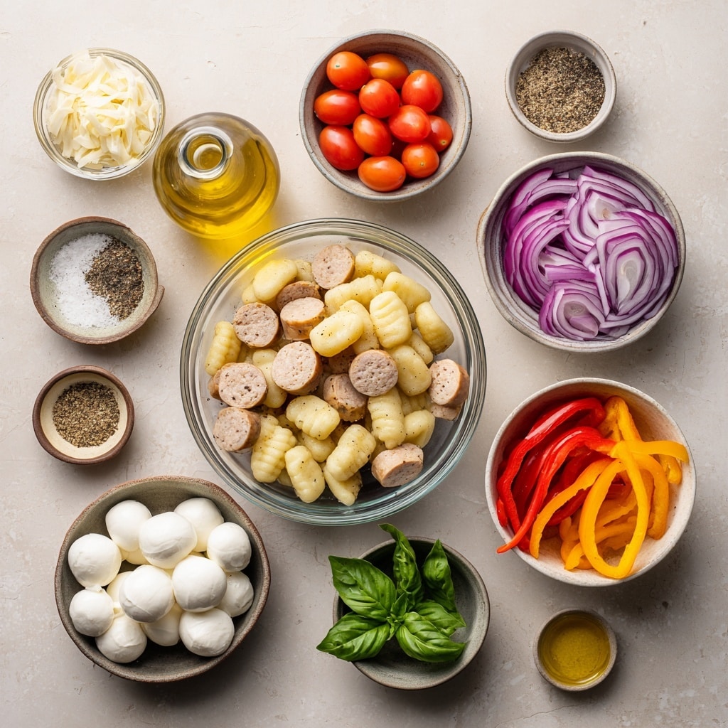 A metal baking tray filled with four main layers: in the top left, small light brown sausage pieces; in the top right, orange and yellow bell pepper strips along with a few purple onion slices; in the bottom right and left, bright red cherry tomatoes mixed with cream-colored gnocchi and some purple onion slices. Two woman's hands are visible, with one holding the tray and the other using tongs to mix the ingredients. The tray is placed on a white marbled surface, with some basil leaves, a bowl of white mozzarella balls, and cherry tomato branches nearby. photo taken with an iphone --ar 4:5 --v 7