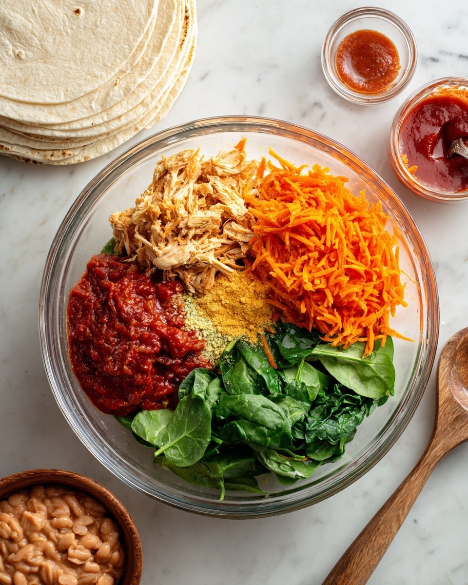A clear glass bowl holds layers of different ingredients on a white marbled surface. There is shredded light beige chicken on the left side, bright orange shredded carrots at the top, thick red salsa in the middle, and chopped fresh green spinach on the right side topped with some white salt and yellow garlic powder. Next to the bowl on the top left, a stack of white tortillas lies flat. To the bowl's top right, there is a small clear glass container with some red sauce inside. Below the bowl on the left is another clear bowl filled with light brown refried beans. A wooden spoon is visible on the right side on the white marbled surface. Photo taken with an iphone --ar 4:5 --v 7