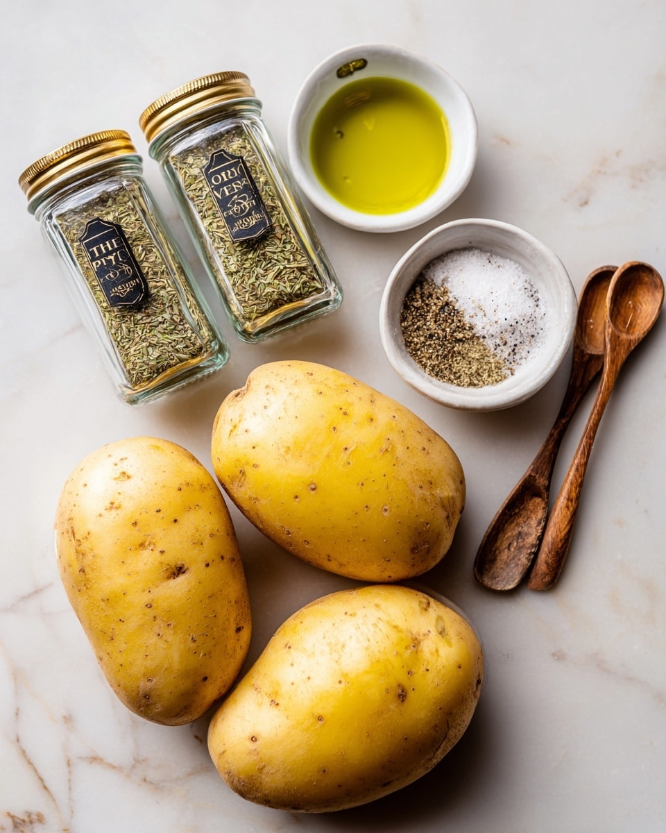 The image shows three large yellow potatoes with a smooth texture and small eyes on a white marbled surface. Next to them are two clear glass spice jars lying down, one labeled