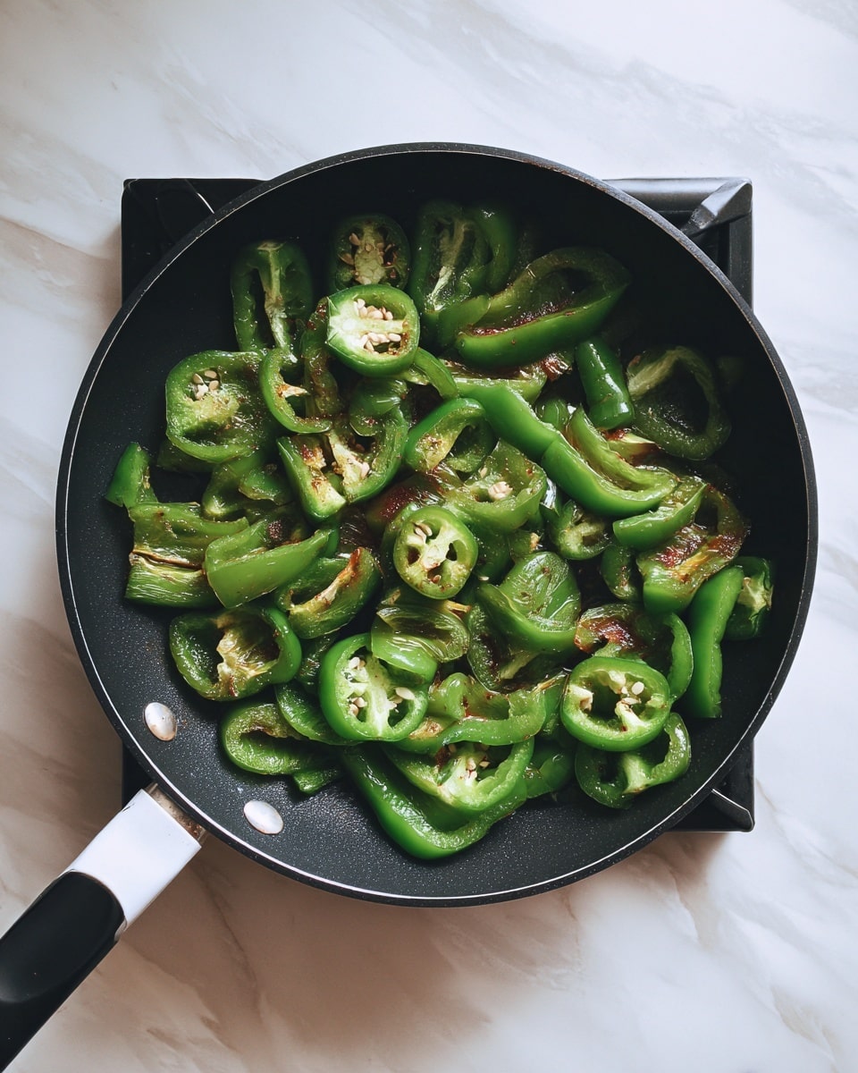 Sliced green bell peppers are cooking in a black pan with a white handle on a stovetop. The peppers show a bright green color with some parts browned from cooking. The pan is filled with the pepper slices scattered evenly across the surface. The stove and counter area around the pan have a white marbled texture. photo taken with an iphone --ar 4:5 --v 7