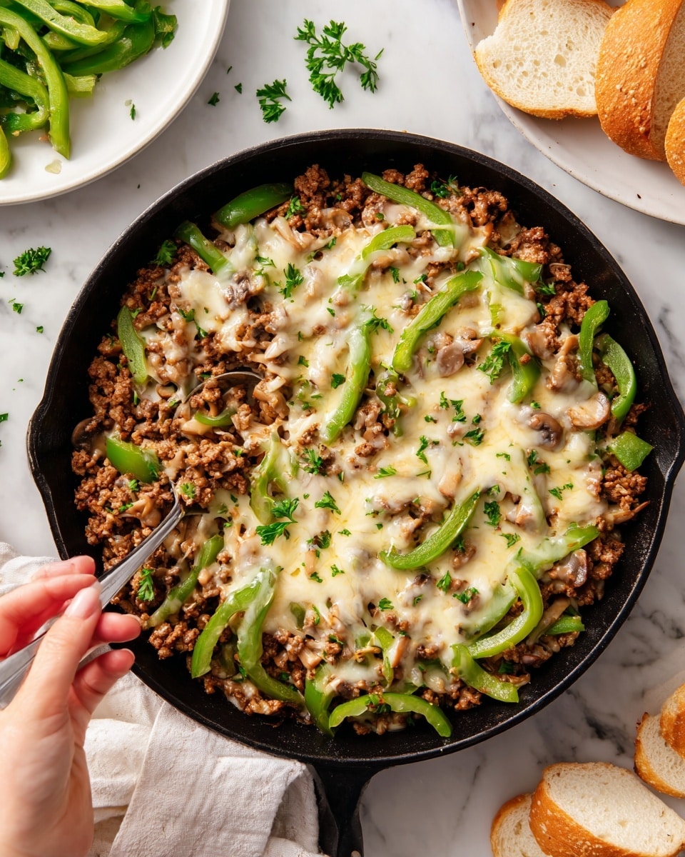 The image shows three sandwich rolls placed side by side on a white oval plate lined with crinkled brown parchment paper. Each sandwich has one layer of light golden brown toasted bread, sliced open to reveal a filling of cooked ground meat mixed with sautéed onions and melted cheese, topped with several strips of bright green peppers and sprinkled with fresh chopped parsley. In the lower right corner, a woman's hand grips the edge of the plate. To the upper left, there is a white bowl filled with golden brown potato wedges. The background is a white marbled surface with some scattered parsley leaves and small bowls of black pepper and fresh parsley. Photo taken with an iphone --ar 4:5 --v 7