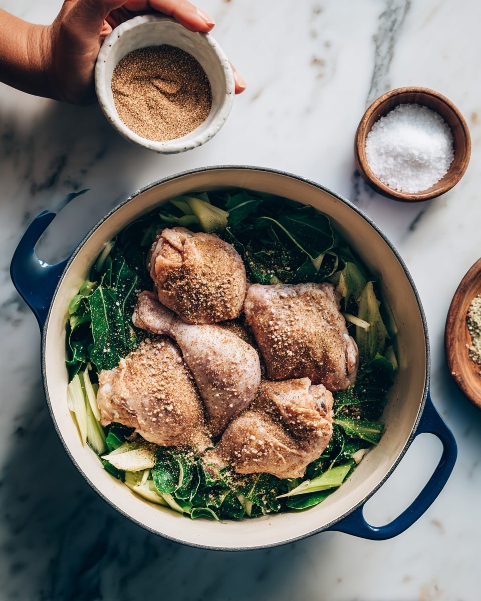 Inside a white pot with blue handles, there are three raw chicken pieces placed on top of a base layer of chopped green vegetables. The chicken is sprinkled with coarse salt and a layer of brown spices. A woman's hand is holding a small white bowl filled with light brown ground spice, about to add more to the dish. In the background, a small bowl of white coarse salt sits on a white marbled surface. The scene captures a top-down view of the preparation. photo taken with an iphone --ar 4:5 --v 7