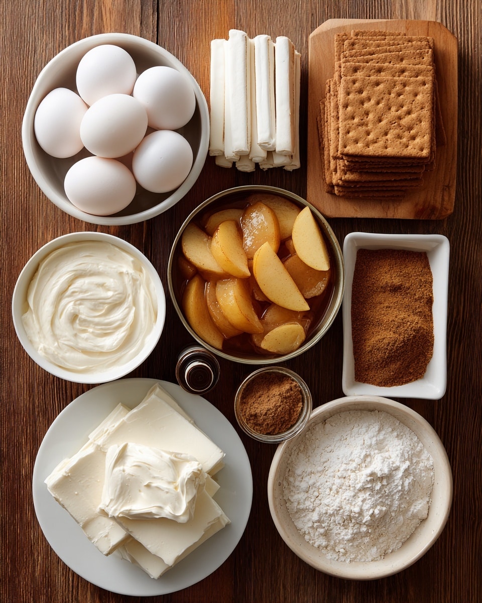 A wooden table holds a neatly arranged set of baking ingredients: at the top left, a white bowl with four white eggs; next to it, stacked white butter sticks with small dark lines; to the right, a small stack of four rectangular light brown graham crackers. Below the eggs, an open can filled with shiny golden brown apple slices in syrup. Under the butter and to the left, a round bowl of smooth white cream cheese, and a tiny brown bottle with dark vanilla extract. Below the graham crackers, a small white dish with a pile of finely ground light brown cinnamon, next to a white bowl full of soft light brown brown sugar. At the bottom left, a white plate holds thick white cream cheese sheets, and beside it, a white bowl filled with white flour. The wooden surface contrasts with the white bowls and their colorful contents, photo taken with an iphone --ar 4:5 --v 7