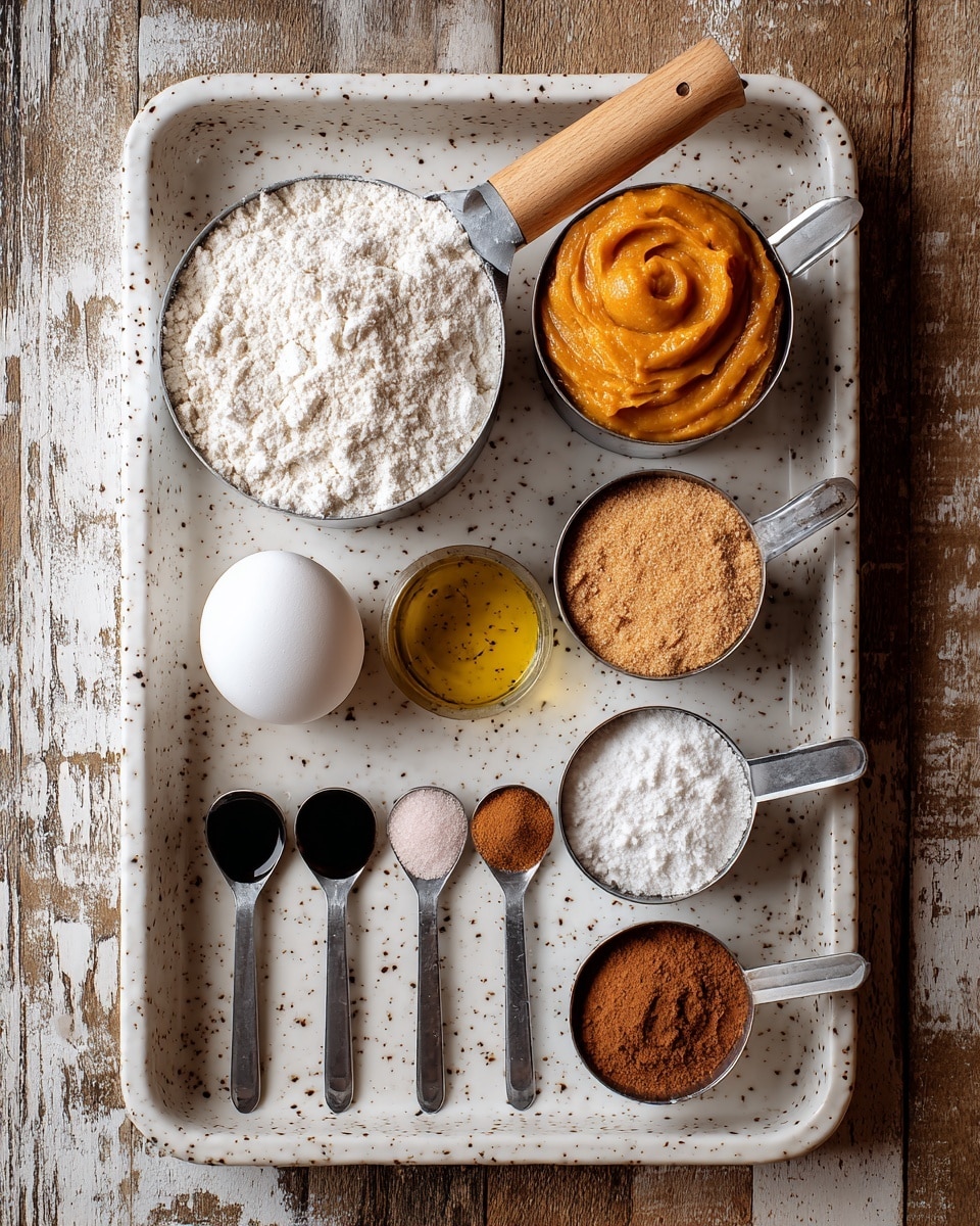 A white speckled tray contains various baking ingredients arranged neatly. On the top row, from left to right, there is a metal measuring cup with a wooden handle filled with white flour, a metal measuring cup with a wooden handle holding thick, smooth orange pumpkin puree, a metal measuring cup with a wooden handle filled with light brown sugar, and a metal measuring cup with a wooden handle containing golden olive oil. Below these cups, there is a white egg placed near the pumpkin puree. Along the bottom, five metal measuring spoons filled with dark brown vanilla extract, light pink salt, brown cinnamon, white baking soda, and white baking powder are aligned side by side. The tray rests on a rustic wooden surface, but the background and surface should be a white marbled texture. photo taken with an iphone --ar 4:5 --v 7
