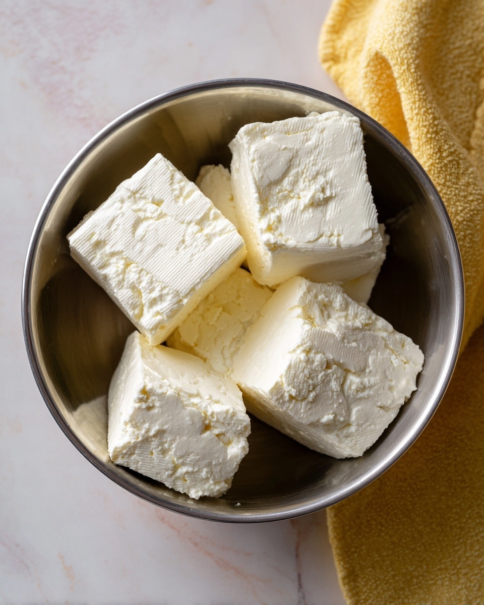 The image shows a stainless steel bowl containing four large blocks of soft cream cheese placed closely together inside the bowl. The textures on the cream cheese blocks are smooth with some small dents and flat surfaces visible. The bowl sits on a white marbled texture surface with a slight glimpse of a yellow textured cloth underneath. The overall colors are light, dominated by the white cream cheese and the silver bowl, with soft natural lighting. Photo taken with an iphone --ar 4:5 --v 7