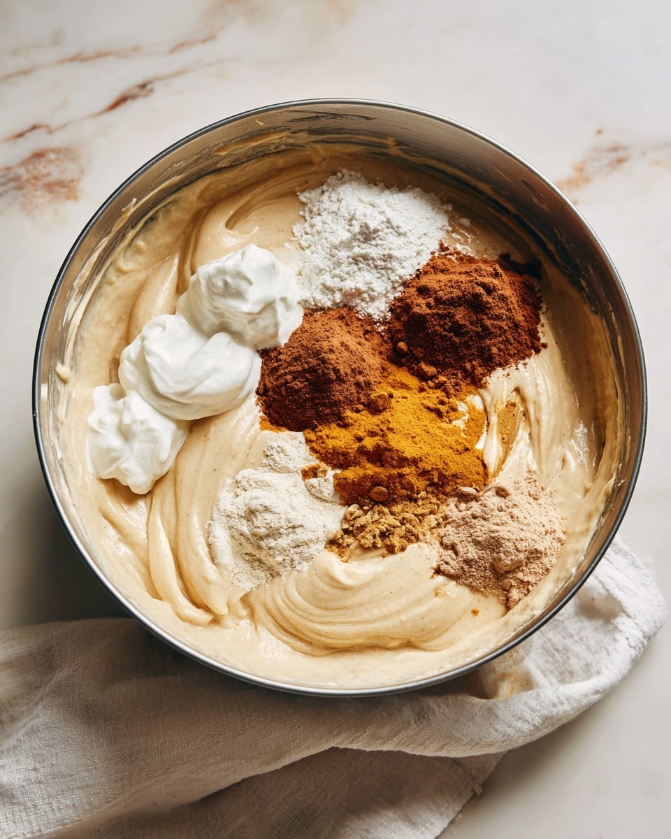 A large metal bowl filled with a creamy beige batter that almost reaches the rim shows several ingredients on top. On the left side, there are dollops of thick white yogurt. Towards the center, there is a small mound of white flour. To the right of the flour, a pile of rich brown cinnamon powder sits next to some light beige ginger powder, with a dollop of deep orange pumpkin puree nearby. The bowl rests on a white marbled surface with a white cloth underneath. The batter looks smooth and thick, and the bowl has some batter splashes on the sides. Photo taken with an iphone --ar 4:5 --v 7