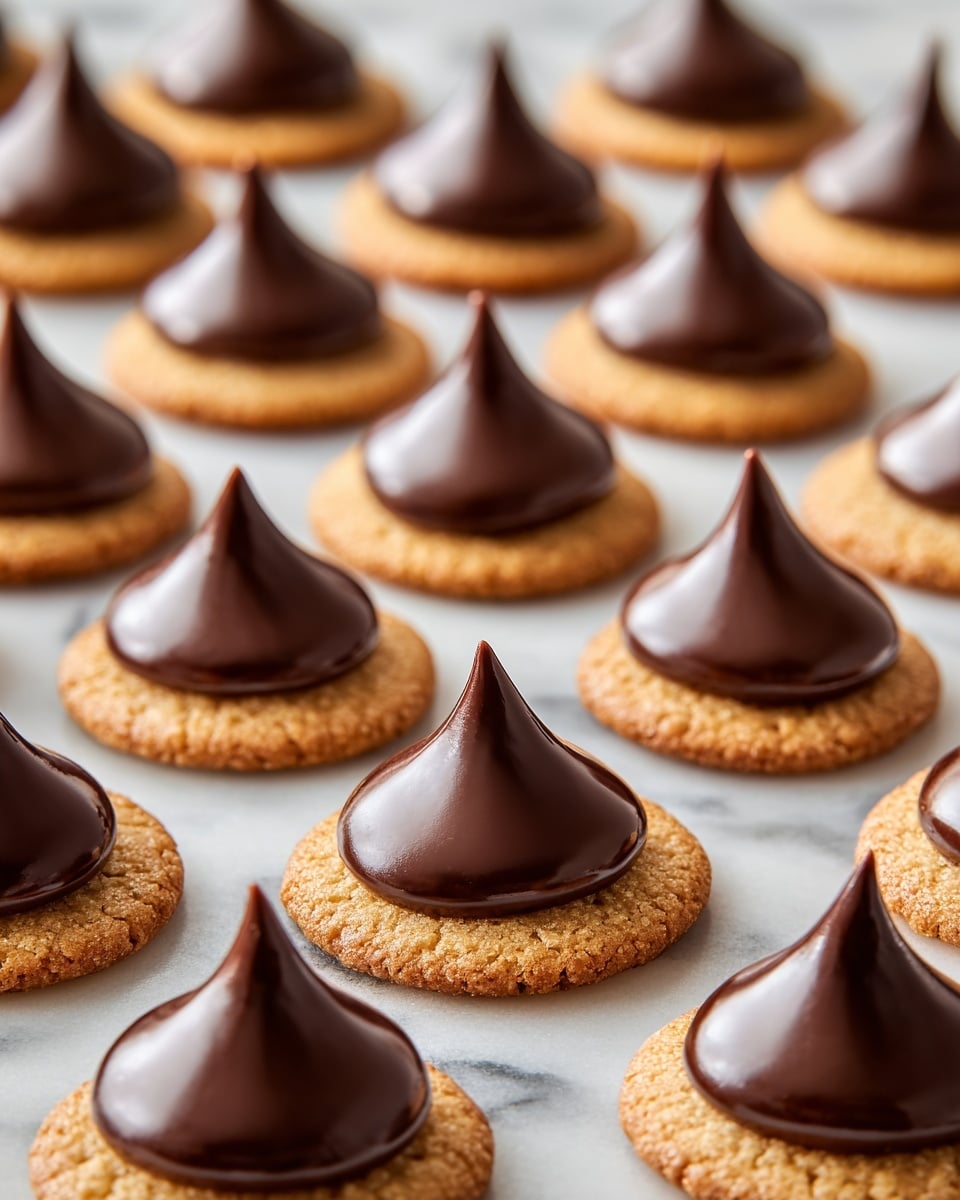 The image shows many small round treats arranged in neat rows on a white marbled textured surface. Each treat has two layers: the bottom layer is a thin, round, light golden brown cookie, and on top of each cookie sits a smooth, shiny, dark brown chocolate piece shaped like a teardrop or a small peak. The chocolates stand upright, creating a contrast between the matte crisp cookie base and the glossy chocolate top. The setting is bright and clean, highlighting the texture and colors of the treats. photo taken with an iphone --ar 4:5 --v 7