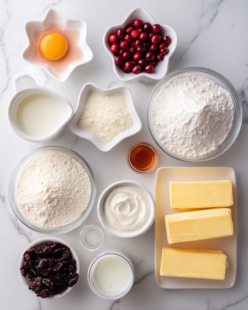 The image shows various baking ingredients arranged neatly on a white marbled surface. There are two clear glass bowls filled with white powdery ingredients, one larger and one medium-sized, placed on the right side. Three sticks of butter in yellow wrappers are near the bottom center, next to a small white bowl of milk. A white bowl with an egg inside is near the left side, with two star-shaped white bowls above and below it; the top one holds bright red cranberries, and the bottom one has dark dried cranberries. A small white bowl with a white creamy substance is in the center, with a small white bowl of clear liquid and a tiny container with amber liquid nearby. All the containers and bowls are white, and the scene is bright and clean. photo taken with an iphone --ar 4:5 --v 7