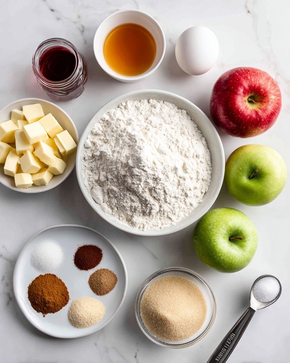 A white bowl of white flour is placed near the center on a white marbled surface, surrounded by several ingredients. To the right of the flour, there is a red apple and a green apple next to each other. Above the apples is a single white egg, and above the flour is a small white bowl with amber-colored liquid. Below the flour, there is a small glass bowl with pale yellow chunks of butter, and to its right, a metal measuring cup filled with light brown sugar. To the left of the butter bowl, a white plate holds four small piles of different spices in brown, beige, and white colors. To the left of the flour, there is a small jar with a dark red liquid. Near the top right corner, a small metal measuring spoon holds a white powder. The scene is evenly lit, showing all textures clearly, photo taken with an iphone --ar 4:5 --v 7