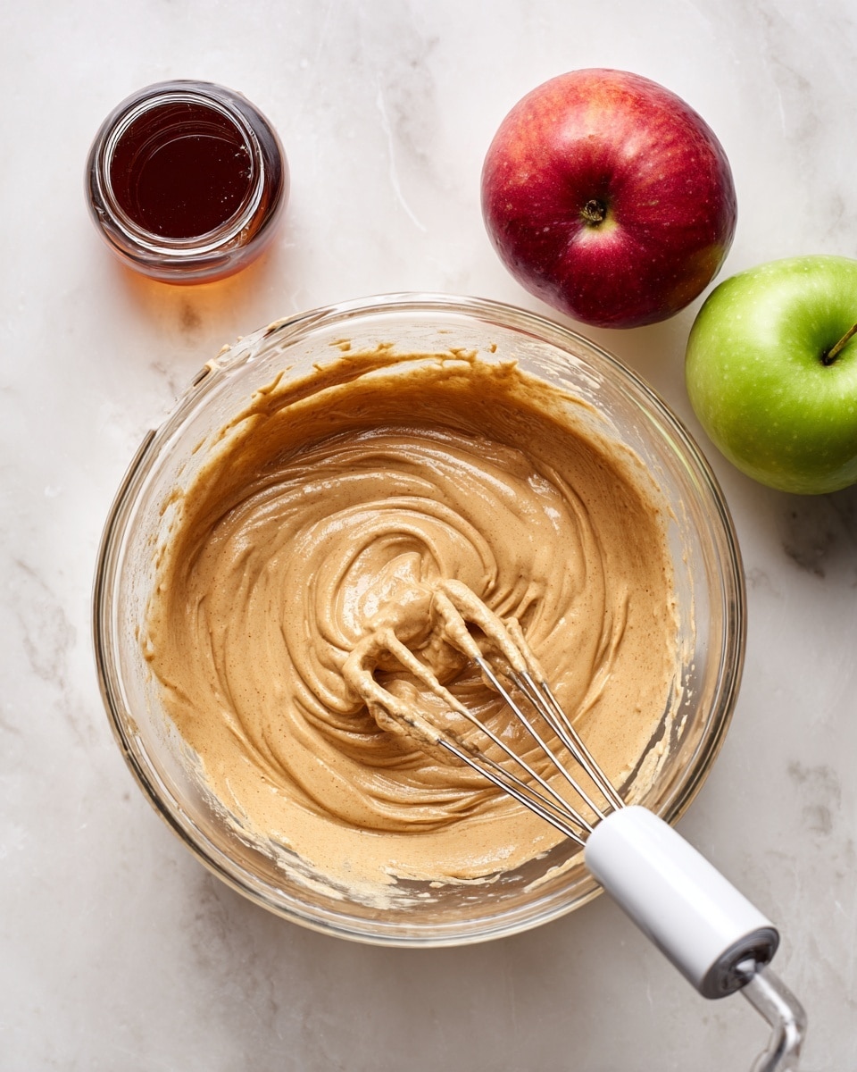 A clear glass bowl filled with a creamy light brown batter, thick and smooth in texture, with a white electric mixer resting inside and its beaters covered in the batter. The bowl is placed on a white marbled surface. To the top left of the bowl, there is a small glass jar filled with dark amber liquid, and to the top right, two whole apples—one red and one green—rest side by side. The colors are bright and natural, giving a fresh and clean look to the scene. Photo taken with an iphone --ar 4:5 --v 7