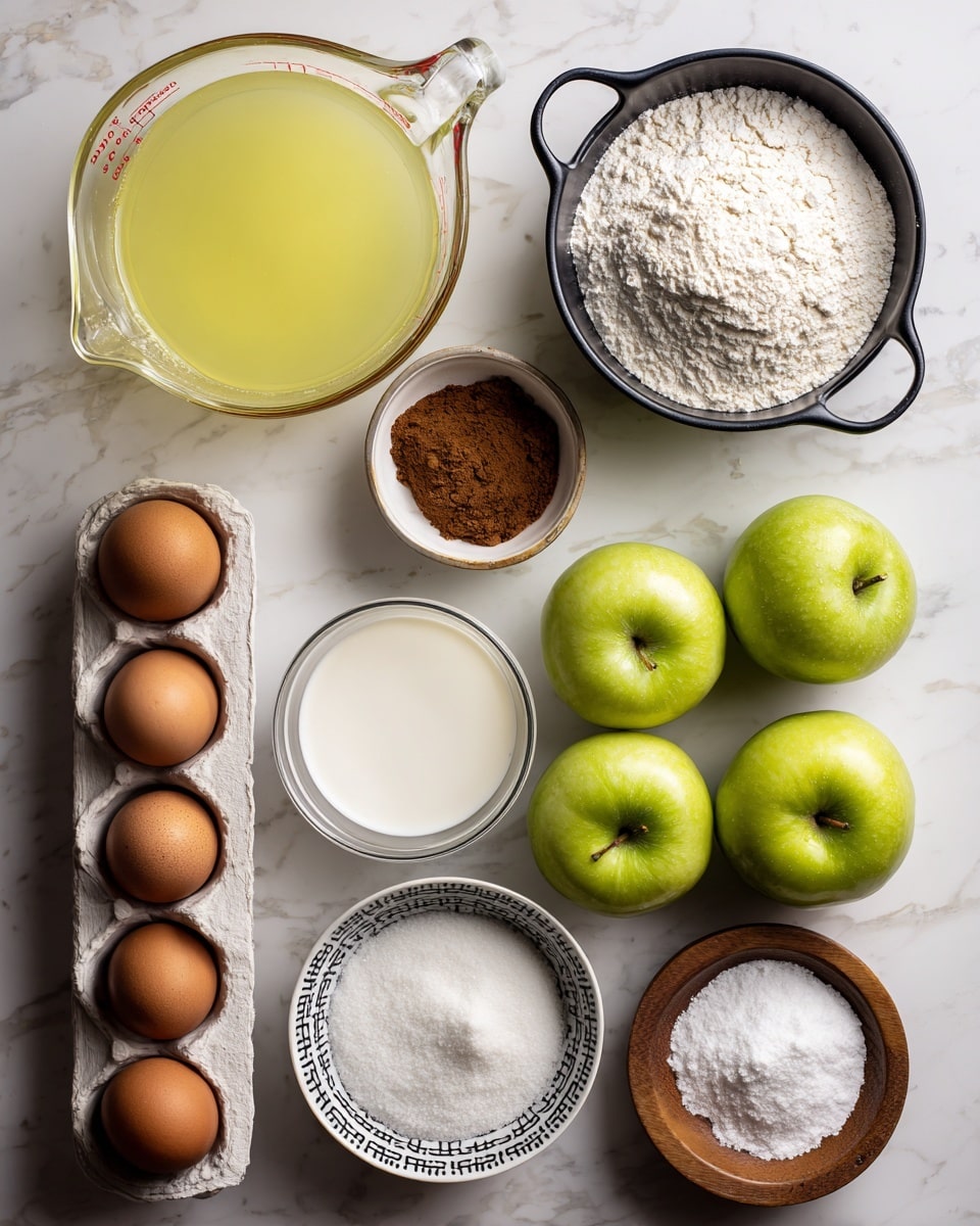 The image shows various baking ingredients laid out on a white marbled surface. At the top center, there is a glass measuring cup filled with a clear yellow liquid. To the left is a black measuring cup filled with white flour. Below it, a small white bowl holds a brown spice powder. Below that, a clear measuring cup contains milk. In the middle, a white egg holder has six brown eggs. On the right, from top to bottom, a small wooden bowl holds salt, a white bowl with black geometric patterns contains white granulated sugar, and three green apples are placed in a row. At the bottom right, a small wooden bowl holds white powder. photo taken with an iphone --ar 4:5 --v 7