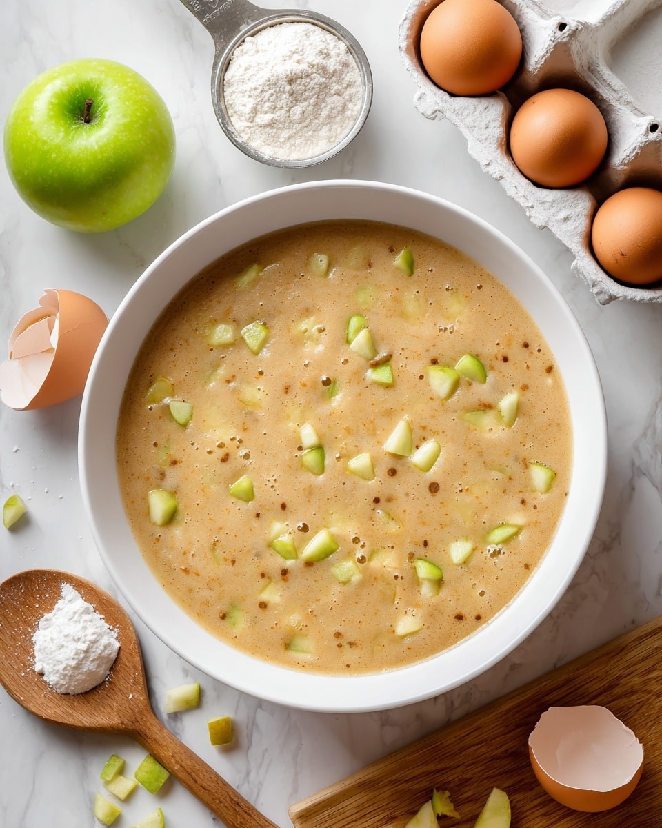 A large white bowl sits in the center on a white marbled surface, filled with a light brown batter dotted with small, pale yellow-green apple pieces throughout. To the left of the bowl is a whole green apple and a small metal measuring cup holding white flour. To the right, a white egg tray holds several brown eggs, with one cracked eggshell visible. A wooden spoon near the bottom left has some batter with apple pieces on it, and a wooden cutting board is partially visible in the bottom right corner. There are small bits of apple peel scattered on the surface. Photo taken with an iphone --ar 4:5 --v 7