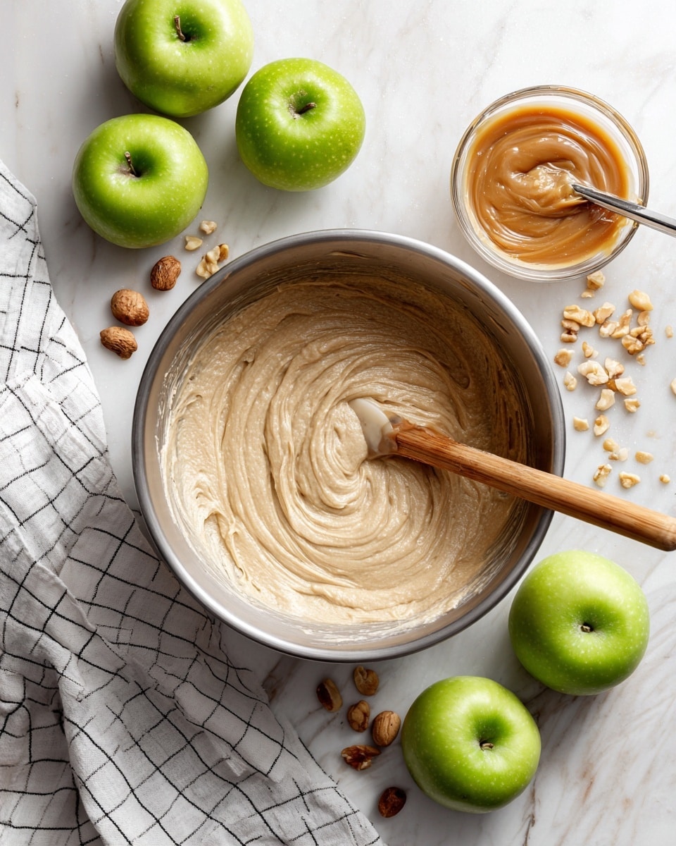 A metal mixing bowl filled with a light beige creamy mixture swirled with a spatula that has a wooden handle sits on a white marbled surface; around the bowl there are five bright green apples scattered, and to the top right side of the bowl there is a small clear glass bowl filled with smooth caramel sauce with a spoon inside; a white towel with a black grid pattern is laid to the left of the mixing bowl also on the white marbled surface with a few scattered nuts near the bottom right apple. Photo taken with an iphone --ar 4:5 --v 7