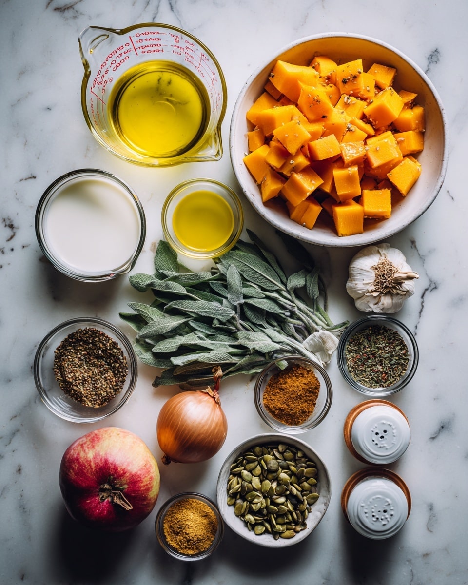 The image shows many ingredients laid out on a white marbled surface. There is a white bowl at the top right filled with bright orange chunks of butternut squash. To the left of the bowl, there is a glass measuring cup with a yellow liquid and above it a small white bowl with bright yellow oil. Below that, a round white bowl holds a white creamy liquid. Near the center, green sage leaves are spread out along with a whole brown onion, a garlic bulb, and a shiny red and yellow apple. Around the edges, small clear glass bowls contain ground spices in shades of brown and green, and a white bowl is filled with dark green pumpkin seeds. Two small white containers with wooden lids sit near the bottom right. The light is soft, highlighting the texture and colors of each item. photo taken with an iphone --ar 4:5 --v 7