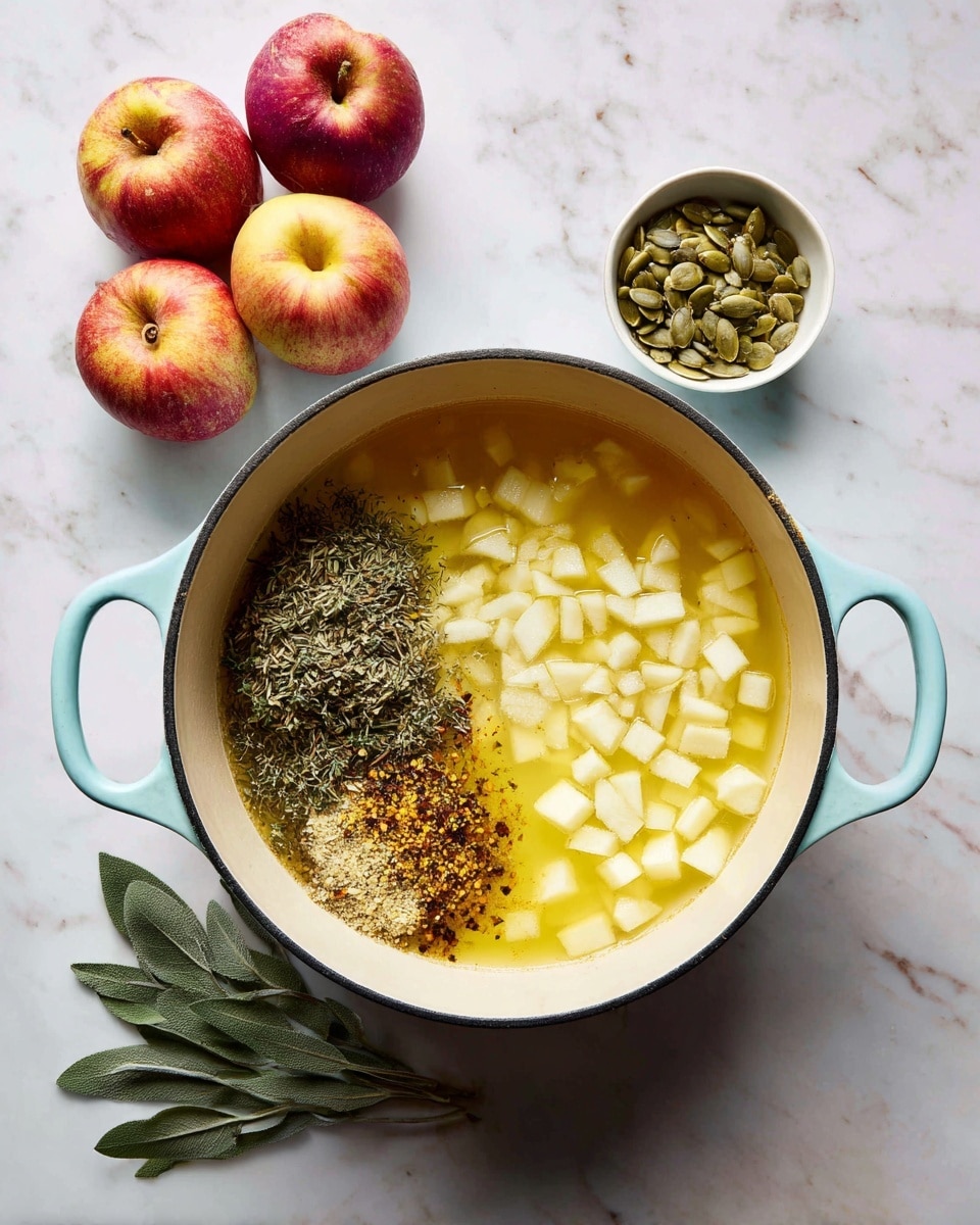 The image shows a white enamel pot with light blue handles sitting on a white marbled surface. Inside the pot, there is a yellow broth filled with small white cubed pieces of apple layered across most of the pot’s surface. On one side, there is a noticeable pile of mixed dried green and brown herbs and spices. Outside the pot, to the top left, there are three whole red and yellow apples placed together, and at the top right, a small white bowl filled with green pumpkin seeds is surrounded by five sage leaves spread out on the marbled surface. Photo taken with an iphone --ar 4:5 --v 7