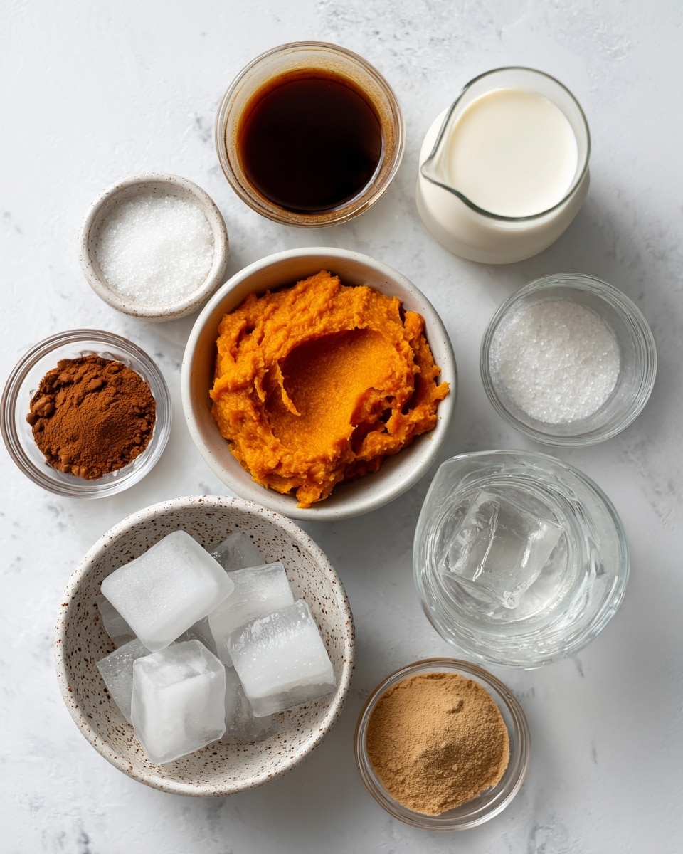 The image shows several small white bowls and clear glass containers arranged on a white marbled surface. There is a small white bowl filled with bright orange pumpkin puree, a speckled white bowl holding several large ice cubes, a clear glass cup with dark brown ground coffee, a clear glass bowl filled with white granulated sugar, a clear glass with a clear liquid, a small bowl with light brown powder, and a clear glass jug containing white milk. All items are neatly placed, creating a clean and organized look. Photo taken with an iphone --ar 4:5 --v 7