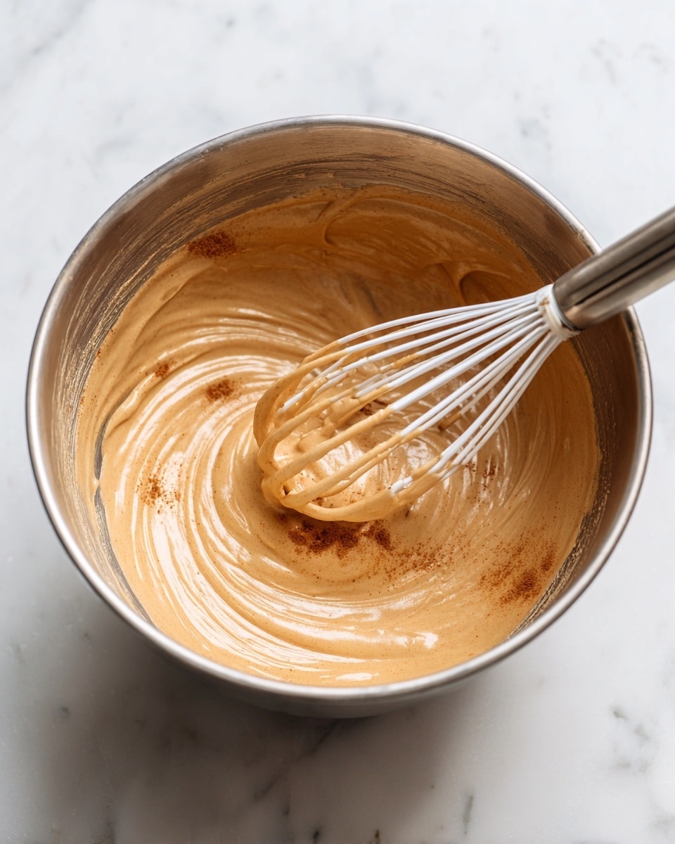 Inside a shiny metal mixing bowl, there is a thick creamy layer of light brown mixture with a smooth texture. Some darker brown powder sprinkles are visible near the edge of the mixture. The metal whisk with white detailing is dipping into the mixture, lifting some of it, showing its soft and smooth consistency. The bowl rests on a white marbled surface. photo taken with an iphone --ar 4:5 --v 7