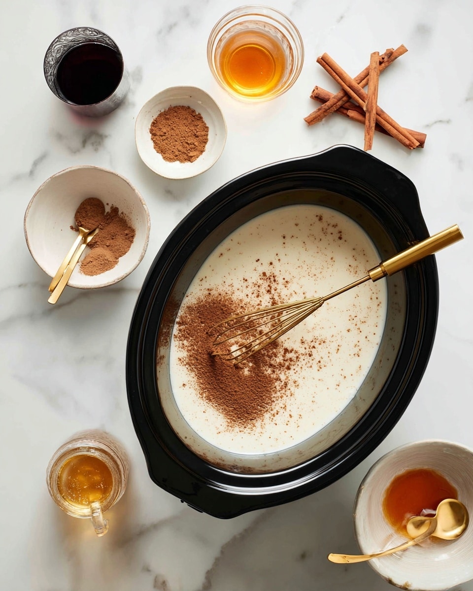 A black slow cooker bowl contains two layers: the bottom layer is a smooth white liquid, and the top layer is a thick brown powder sprinkled unevenly over the white layer. A golden whisk rests inside the bowl, partially submerged in the mixture. Around the slow cooker on a white marbled surface, there are small white bowls, one with brown powder, two cinnamon sticks, a clear glass with dark liquid, an open white bowl with an orange residue and a spoon, and a small glass jar with a golden liquid. Photo taken with an iphone --ar 4:5 --v 7