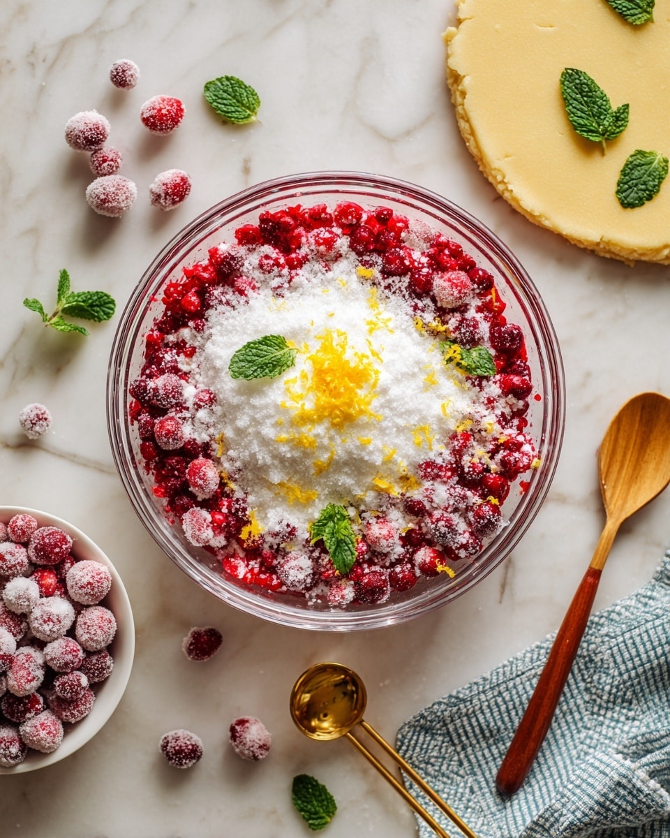 A clear glass bowl sits in the center on a white marbled surface, filled with three main layers: a base of bright red mixed berries, mainly cranberries and raspberries, topped with a white layer of granulated sugar, and a small yellow patch of lemon zest in the middle. Around the bowl, on the white marbled surface, are scattered frosted cranberries, fresh green mint leaves, and a white dish holding more frosted cranberries on the left. To the right, there is a pale yellow circle of dough decorated with two mint leaves, and next to that, a wooden spoon lies flat. A golden measuring spoon and a blue checkered cloth are partly visible near the bottom corners. photo taken with an iphone --ar 4:5 --v 7