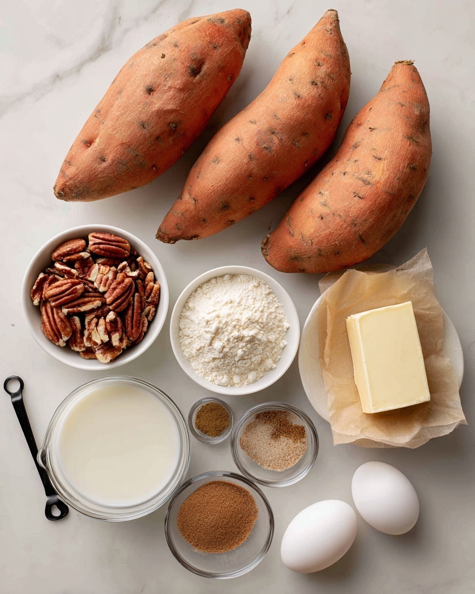 The image shows six whole raw sweet potatoes with a rough orange skin arranged across a white marbled surface. Alongside them are small white bowls containing different ingredients: one bowl has chopped pecans with a dark brown and cream color, another bowl has a white powder that looks like flour or cornstarch, and another holds light brown sugar with a crumbly texture. There is a small glass bowl with white milk and a smaller glass bowl with three ground spices in brown and beige tones. A small black measuring spoon with dark vanilla extract is next to a piece of pale yellow butter wrapped in light brown paper. A white bowl holds two white eggs. All items are neatly placed to show each ingredient clearly photo taken with an iphone --ar 4:5 --v 7