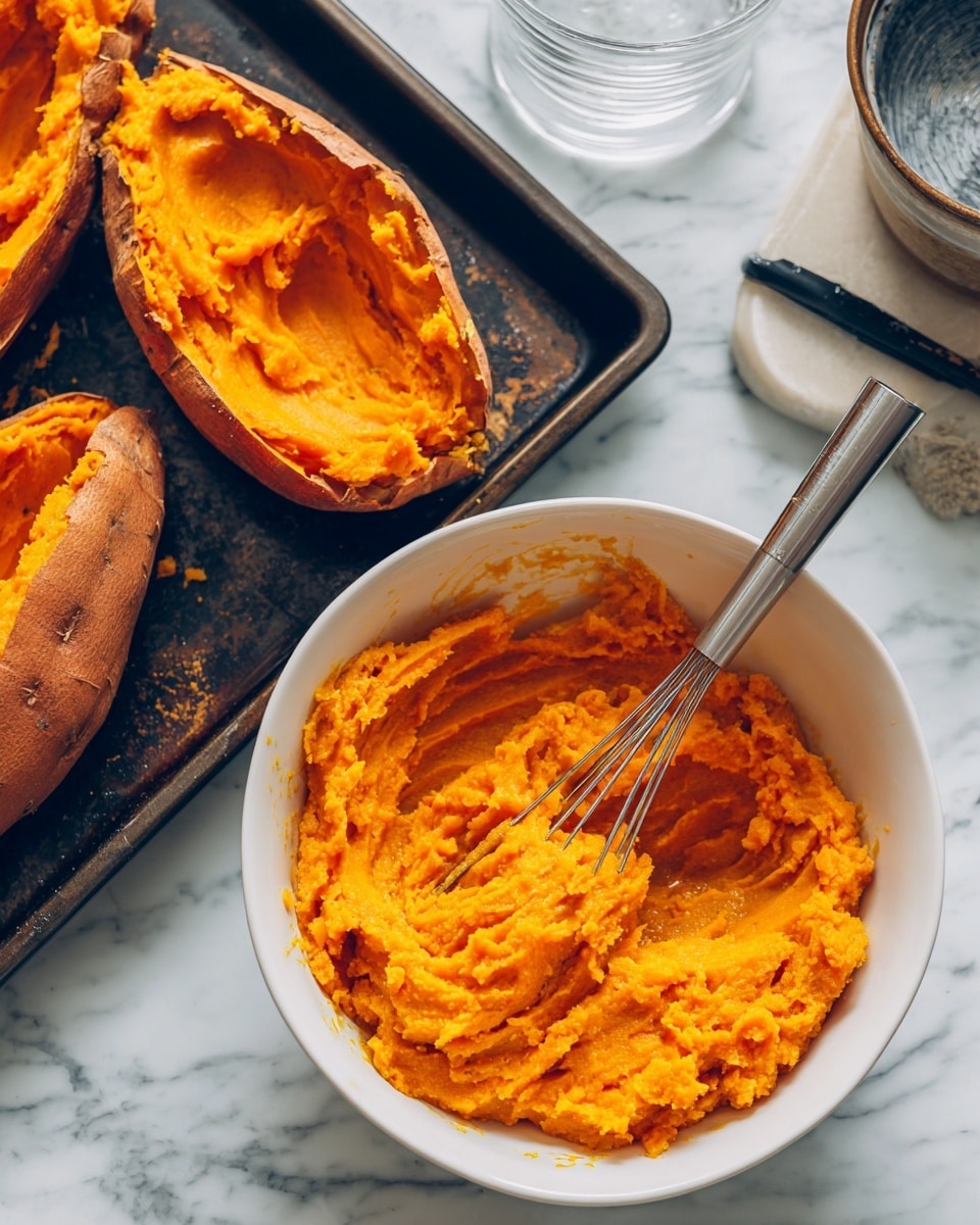 The image shows a white bowl filled with a thick, slightly chunky, bright orange mixture with a metal spoon and whisk inside. Above the bowl, there is a black baking tray holding two baked sweet potatoes with their skins split open, revealing the soft, mashed orange flesh inside. The background is a white marbled surface with a glass container and a black utensil partially visible on the side. photo taken with an iphone --ar 4:5 --v 7