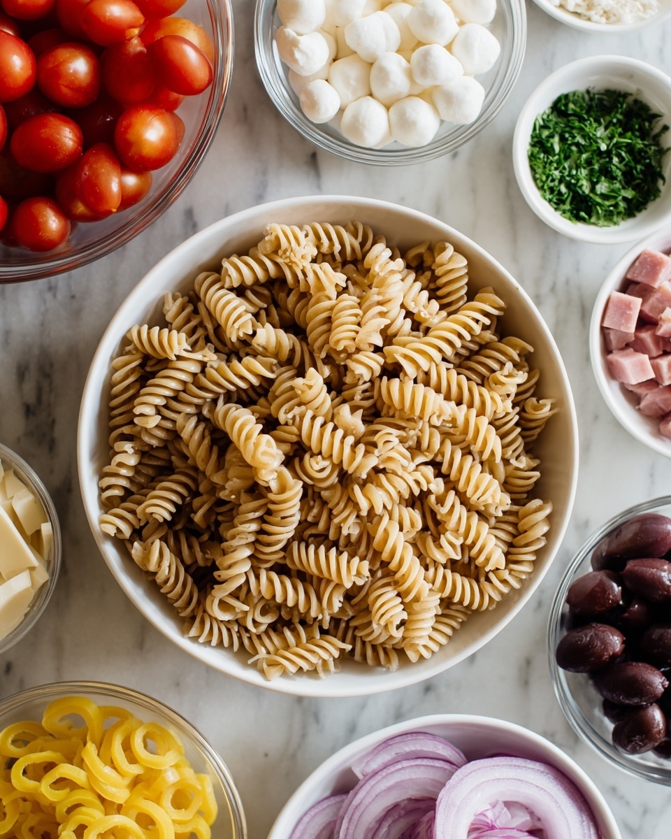 A large white bowl filled with light brown uncooked rotini pasta sits on a white marbled surface, surrounded by several smaller white bowls and one clear bowl. The clear bowl on the upper left holds bright red halved cherry tomatoes. Above the pasta bowl is a white bowl with small white mozzarella balls. A small white dish with chopped green herbs is placed near the top center. A smaller bowl with small cubes of reddish ham is to the left of the pasta bowl. At the bottom left is a white bowl with yellow pepper rings. On the bottom right, a white bowl holds dark purple olives. Thin slices of white and pink onions are partly visible on the left side near the bottom, also on the white marbled surface. Photo taken with an iphone --ar 4:5 --v 7