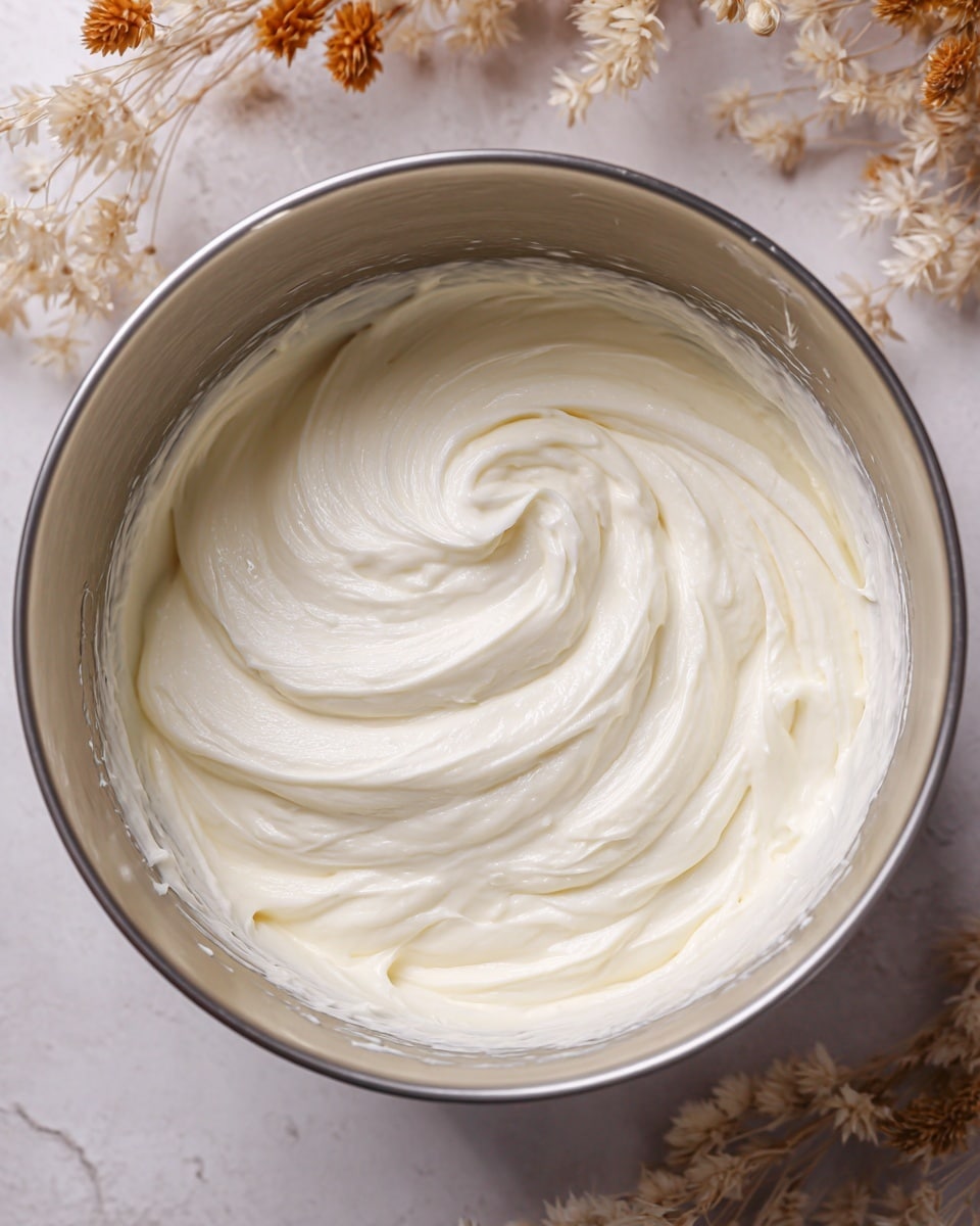 A close-up view inside a metal mixing bowl showing a thick, smooth, and creamy white batter with soft peaks and swirls, giving it a light and fluffy texture. The bowl is placed on a white marbled textured surface, with a bit of the bowl's rim visible and some light reflections on its inner sides. In the background, there are blurred natural dried leaves and grasses, adding a soft, rustic feel to the image. Photo taken with an iphone --ar 4:5 --v 7