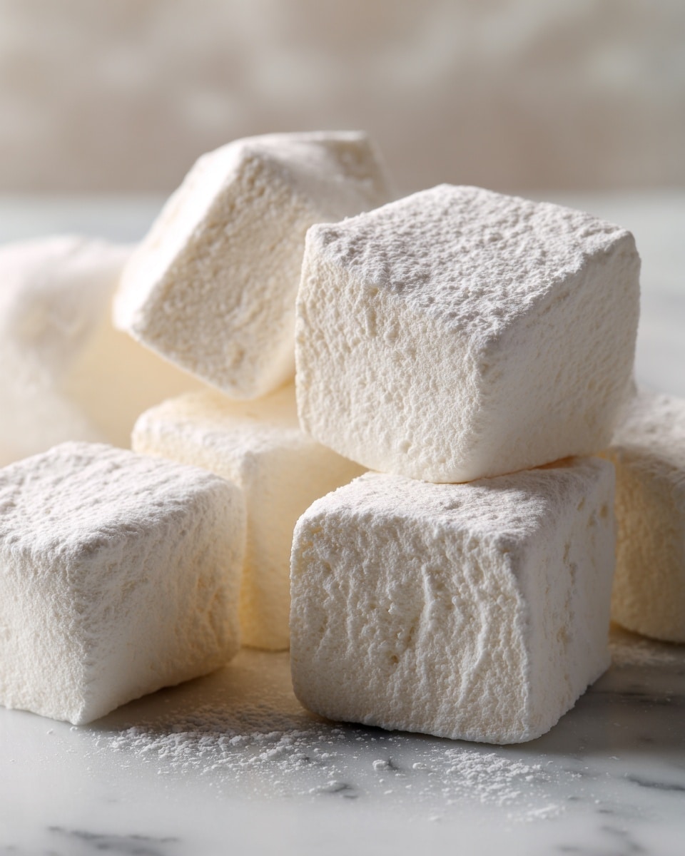 The image shows several soft, square-shaped marshmallows scattered on a white marbled surface. Each marshmallow has a light cream color with a slightly powdery texture on the outside and a smooth, airy inside. The squares are irregular but mostly uniform in size, and their edges have some gentle curves and creases, showing a soft and fluffy consistency. The background is blurred with a neutral, light tone, focusing attention on the marshmallows. photo taken with an iphone --ar 4:5 --v 7