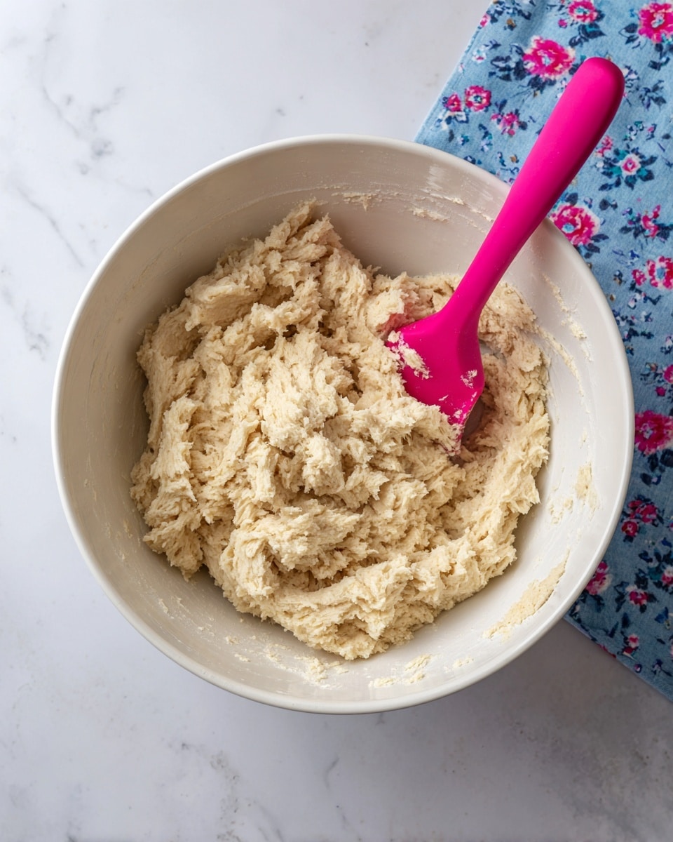 A white mixing bowl contains a thick, pale beige dough with a rough texture. The dough fills the bowl about halfway and clumps together unevenly. A bright pink silicone spatula is partially buried in the dough on the right side of the bowl, standing upright. The bowl sits on a white marbled surface, and in the top right corner, there is a blue cloth with a pink floral pattern slightly folded. Photo taken with an iphone --ar 4:5 --v 7