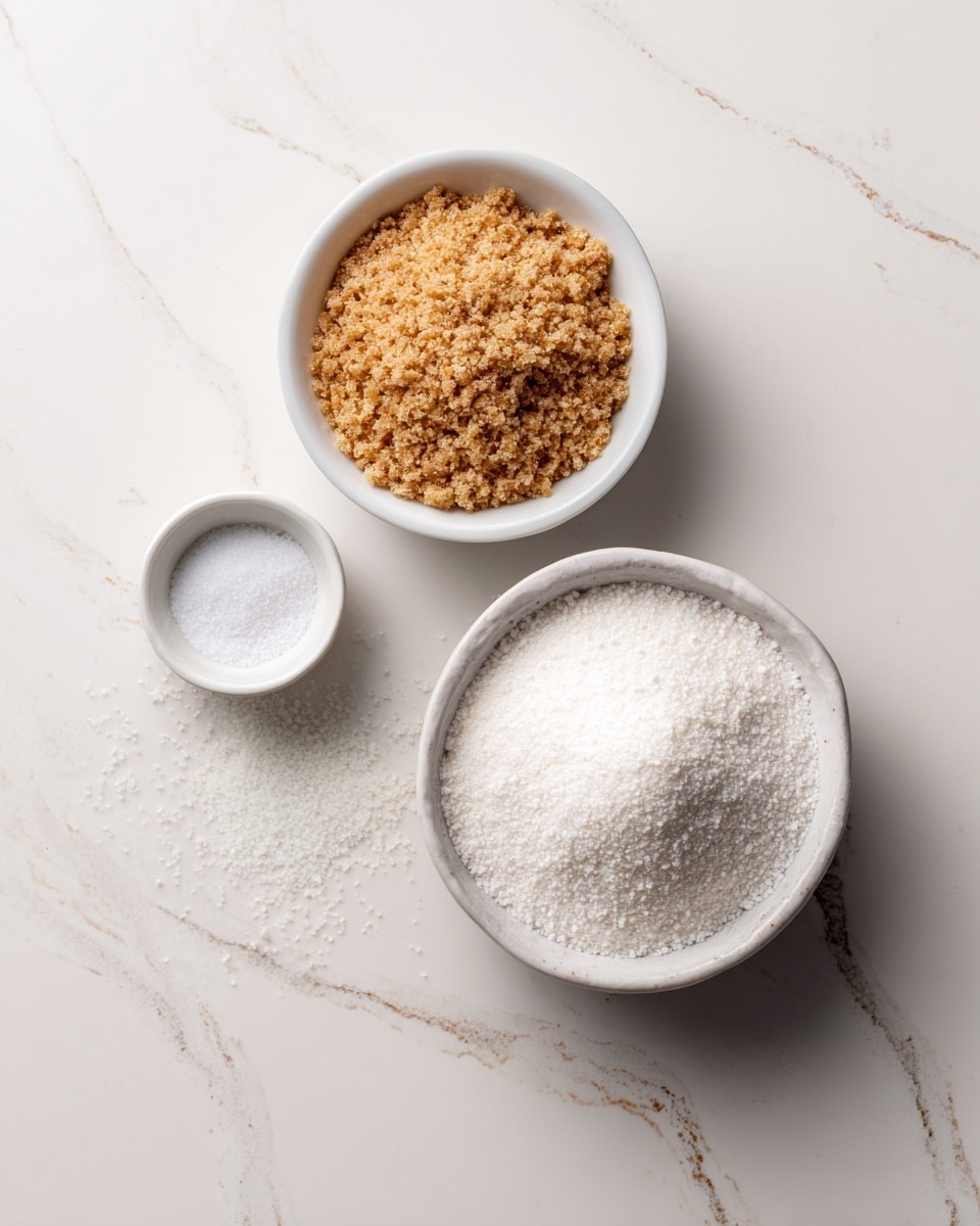 The image shows three white bowls placed on a white marbled surface. The largest bowl in the center is filled with a fine, white powdery substance evenly spread inside. Above it, a smaller bowl contains a light brown, coarse mixture with a rough texture. Below the large bowl, another small bowl holds a fine white granular substance. The bowls are arranged in a triangular shape on the surface. photo taken with an iphone --ar 4:5 --v 7