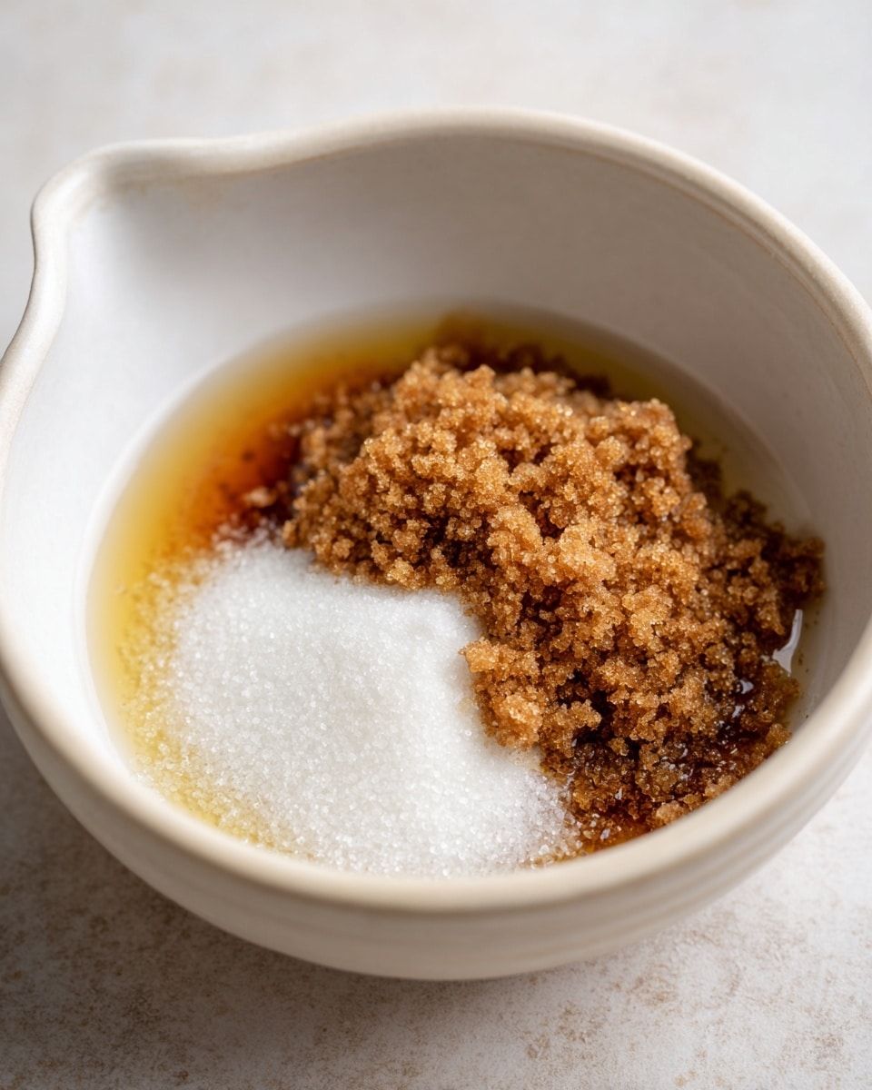 A white bowl with a light handle shows a mixture of four layers. The bottom layer is clear and shiny liquid, covering the base of the bowl. On top, there are three uneven clumps of dark brown sugar, rough in texture. Nestled between these is a small white pile of granulated sugar, smooth and fine, partially surrounded by the liquid. The white marbled surface under the bowl adds a soft, natural touch to the setting. photo taken with an iphone --ar 4:5 --v 7