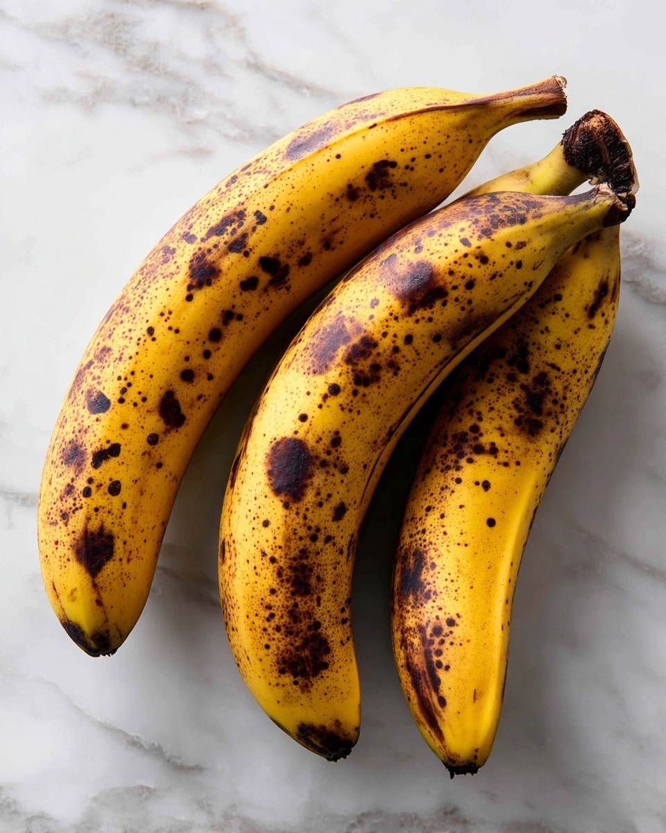 Three very ripe bananas with dark brown spots and patches covering most of their yellow skin lay close together with their brown stems touching, all placed on a white marbled surface, showing a natural and simple look photo taken with an iphone --ar 4:5 --v 7