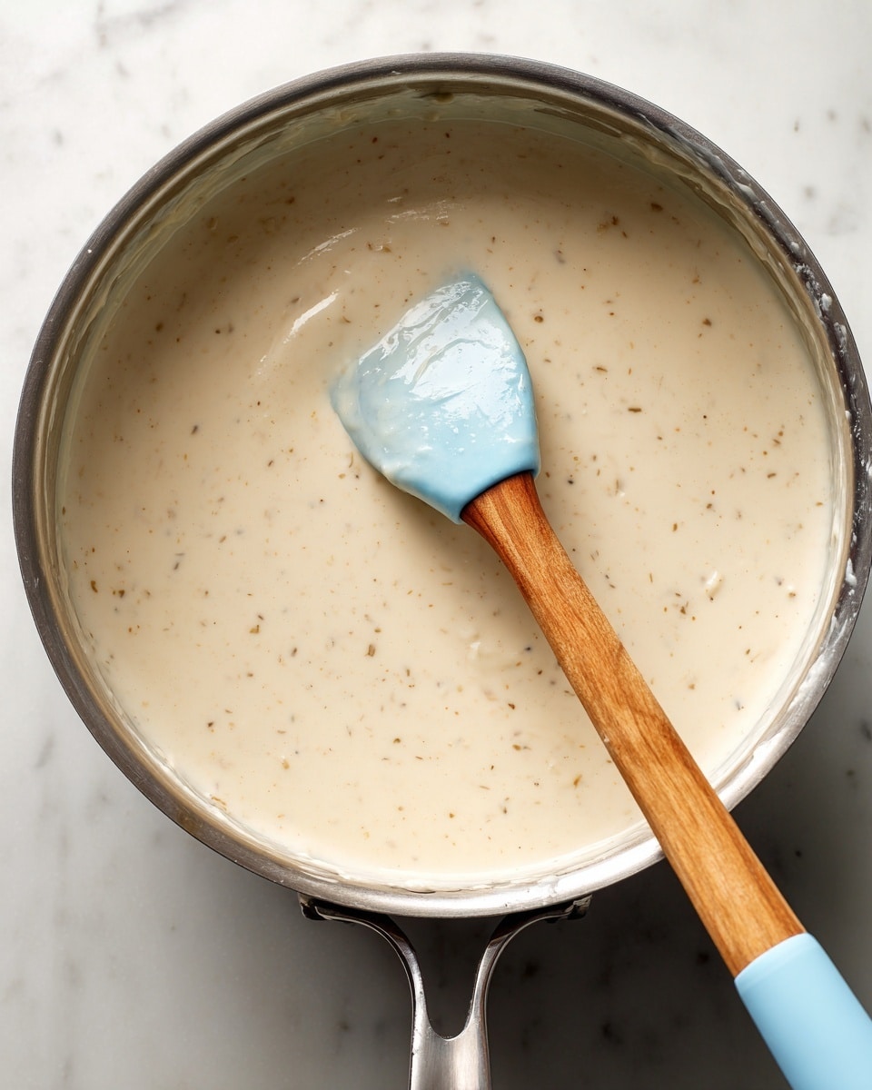 A close-up view inside a metal pot filled with light beige, creamy batter that has small lumps and specks throughout. A wooden spatula with a light blue silicone tip rests inside the pot, partially covered with the batter. The pot is set on a white marbled surface. Photo taken with an iphone --ar 4:5 --v 7