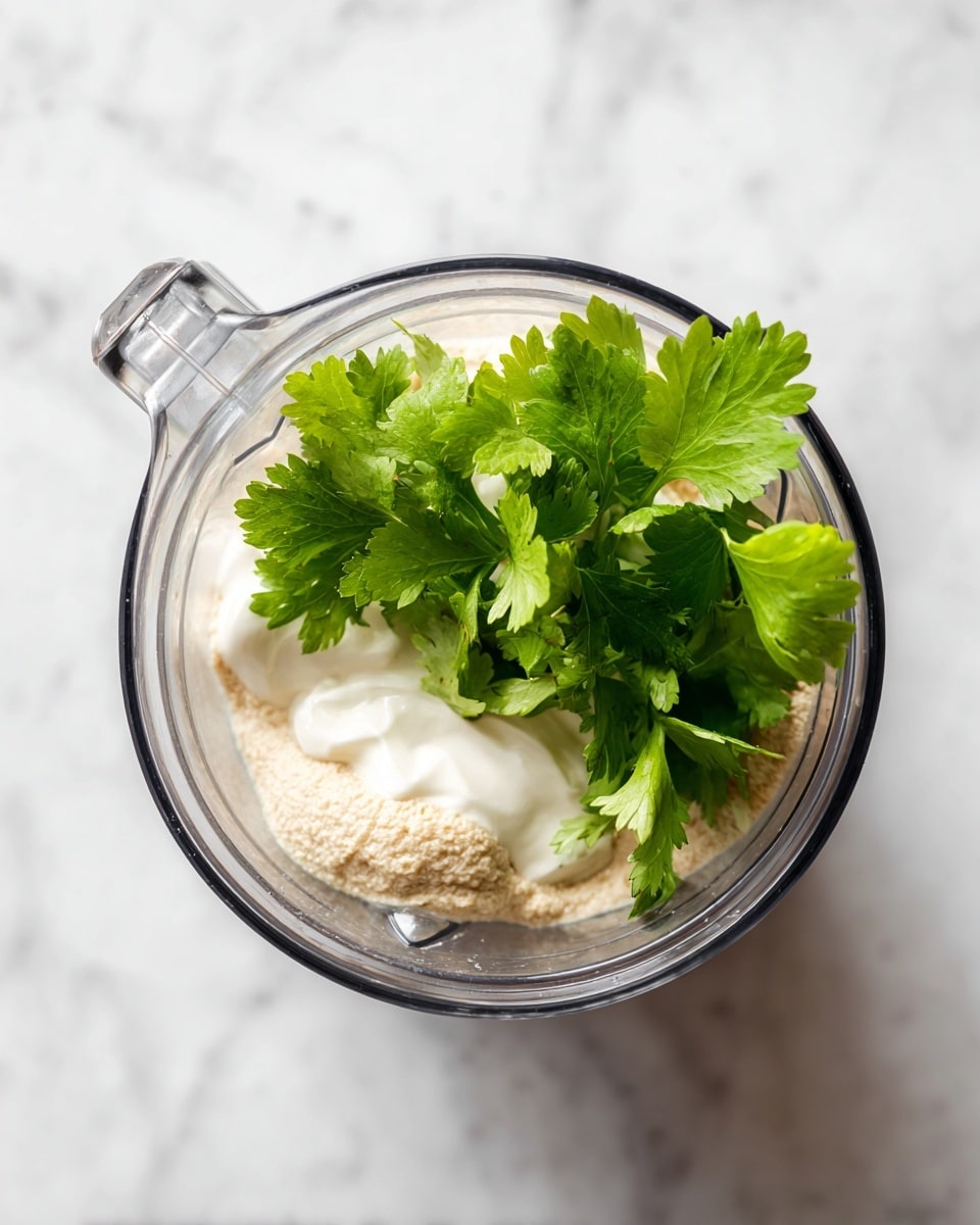A top-down view of a clear blender container on a white marbled surface, showing three layers inside: at the bottom is a light beige, creamy textured layer, above it a dollop of thick white cream, and on top a small bunch of fresh, bright green cilantro leaves with detailed veins and soft edges. The blender lid handle is visible on the upper left side of the container. photo taken with an iphone --ar 4:5 --v 7