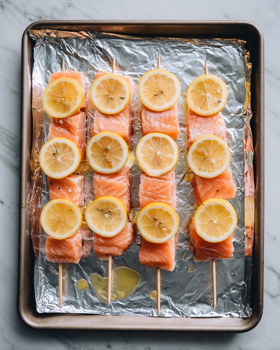 The image shows several wooden skewers with three pieces of light pink cooked fish each, separated by bright yellow lemon slices with white seeds and some black pepper sprinkled on top. The skewers lie on a light-colored baking sheet with some grilled marks and seasoning spots, placed on a white marbled surface. To the lower right, there is a small round light brown bowl filled with smooth pale green sauce, topped with two green cilantro leaves. photo taken with an iphone --ar 4:5 --v 7