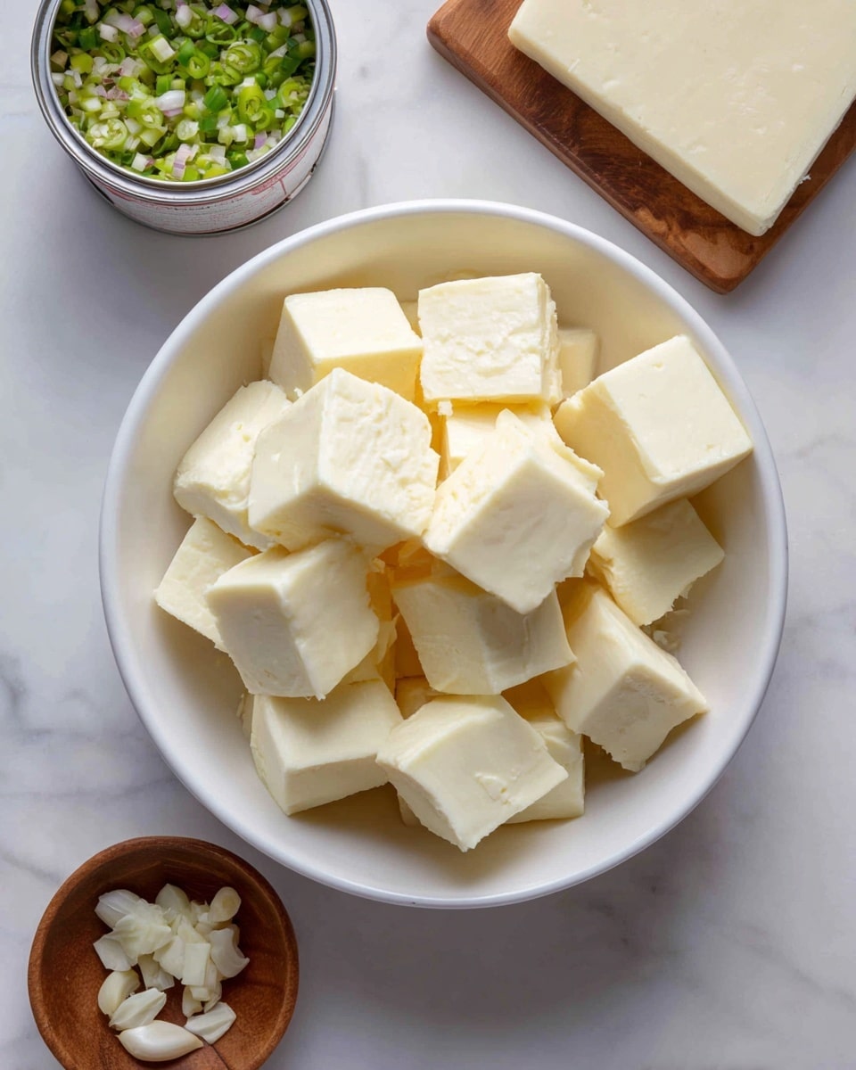A white bowl in the center filled with many thick cubes of pale yellow cheese stacked loosely inside. Around the bowl, there is a small wooden bowl below with a few small pieces of light-colored chopped garlic. To the top left, there is an open white can with chopped green chilies inside. The background is a white marbled texture. Photo taken with an iphone --ar 4:5 --v 7