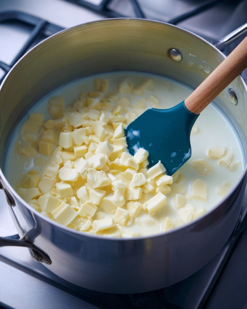 The image shows a close-up of a silver pot on a stove, filled with small light yellow chunks in a milky white liquid. A dark teal spatula with a wooden handle is partially submerged, stirring the mixture gently. The pot has a smooth shiny surface with two visible rivets on the side. The stove and surrounding area have a clean metallic finish beneath the pot. The colors of the chunks contrast softly against the creamy liquid, creating a smooth texture overall. photo taken with an iphone --ar 4:5 --v 7