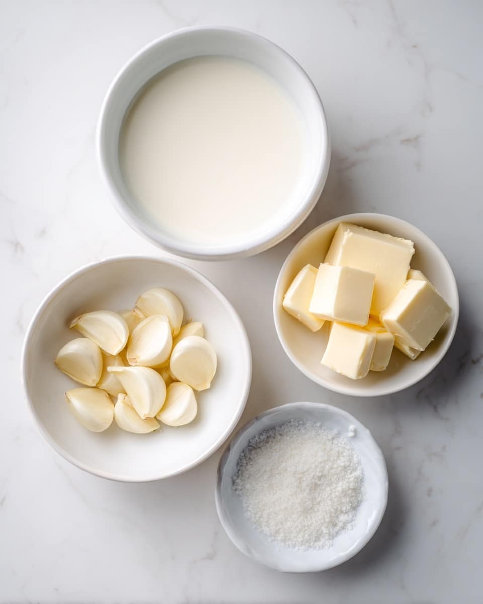 The image shows four white bowls on a white marbled surface, each containing a different ingredient. The largest bowl at the top holds a white liquid with a smooth texture. Below it, a medium white bowl contains five peeled garlic cloves, pale yellow in color with a slightly shiny surface. To the right, a smaller white bowl holds four cubes of butter in a creamy, pale yellow shade. At the bottom right, a very small white dish is filled with white granulated salt, creating a fine, textured layer. photo taken with an iphone --ar 4:5 --v 7