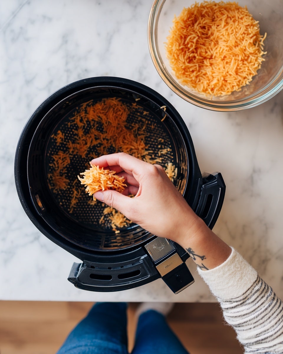 A close-up top view of a black air fryer basket on a white marbled countertop with some orange-colored rice placed inside its base in small clumps. A woman's hand, with a tattoo on the forearm and wearing a white and gray striped long sleeve, is picking up a small pile of the orange rice from a transparent glass bowl on the right side of the image. The rice in the bowl matches the rice already scattered inside the air fryer basket. The scene shows the rice being prepared before cooking. The lower part of the image shows the person's blue jeans. Photo taken with an iphone --ar 4:5 --v 7
