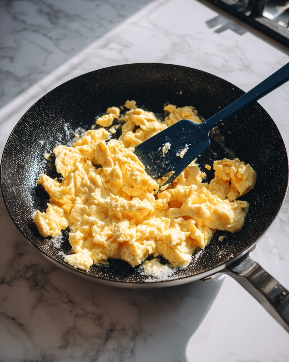The image shows a black frying pan with scrambled eggs cooking inside. The eggs are light yellow with some golden brown spots, scattered unevenly across the pan's textured surface, showing a soft but slightly firm texture. A dark blue spatula is resting inside the pan, partly under the eggs, positioned toward the right side. The pan is sitting on a stove with a white marbled surface around it. The scene has natural light highlighting the food’s texture and colors. photo taken with an iphone --ar 4:5 --v 7