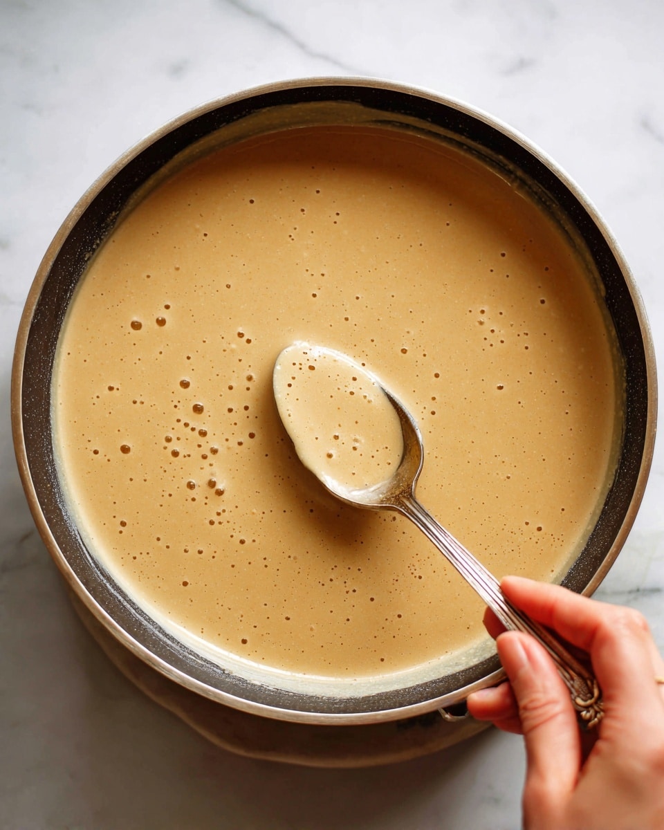 The image shows a close-up of a spoon stirring light brown batter with a smooth texture and some small bubbles on the surface inside a pan. The spoon is held by a woman's hand, positioned on the right side of the image, and the batter fills most of the pan, which has a dark rim visible on the edges. The background has a subtle white marbled texture, and the lighting highlights the creamy, slightly shiny surface of the batter. Photo taken with an iphone --ar 4:5 --v 7