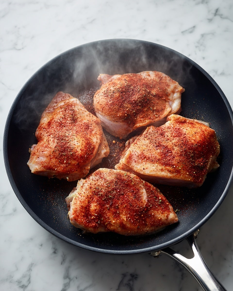 The image shows a black frying pan with four large pieces of raw chicken seasoned with red and brown spices evenly spread on their surface. The chicken pieces are arranged inside the pan, close but not touching each other, and the pan is on a stovetop with a metallic handle visible on the right. The background surface is a white marbled texture. There is steam rising from the pan, indicating heat. photo taken with an iphone --ar 4:5 --v 7