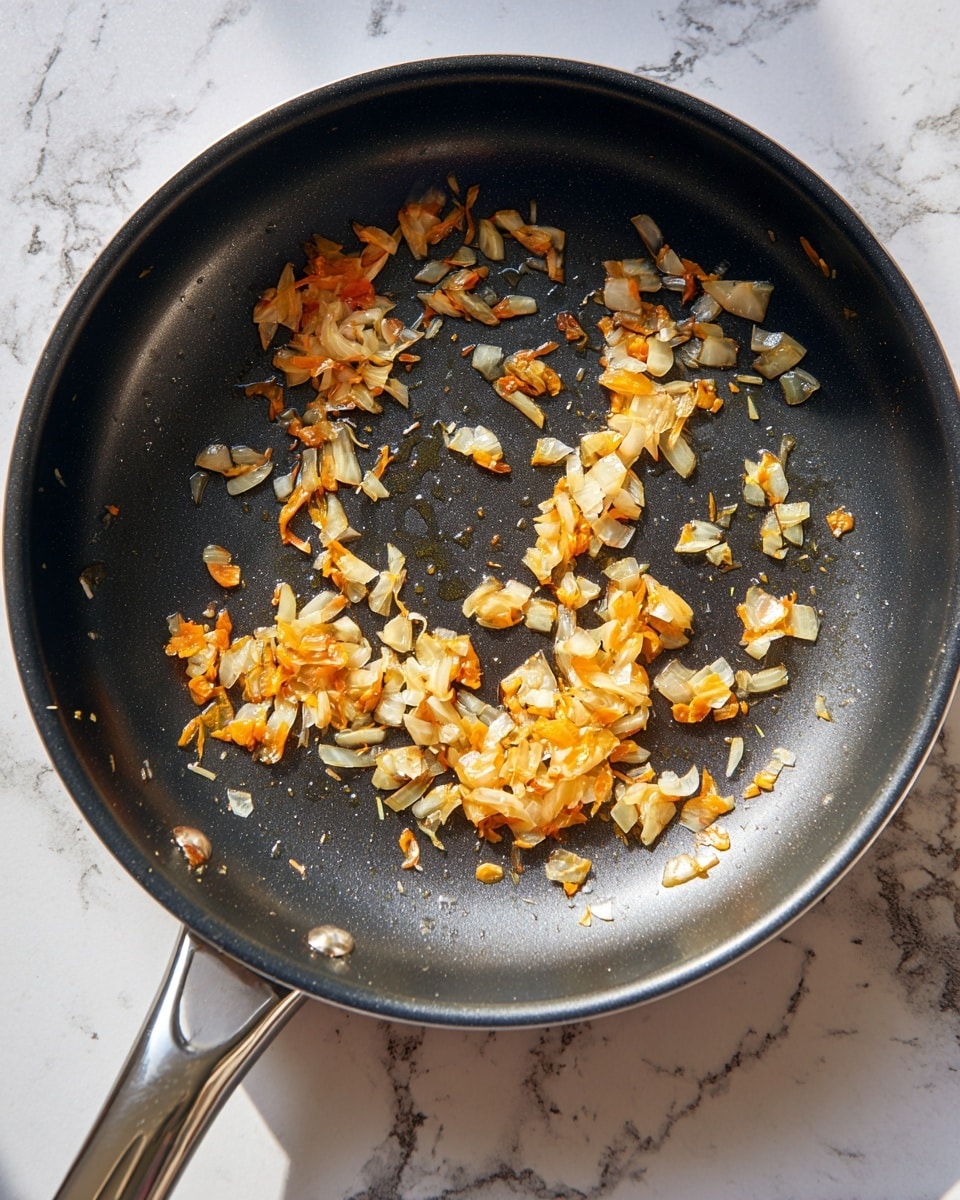 The image shows a black pan with a shiny surface on a white marbled kitchen stove. Inside the pan, there are small pieces of cooked onions and orange vegetables spread out unevenly. The vegetables look soft and a little oily with a golden brown color, and the onions appear light brown with some transparent slices. The pan handle is partly visible on the left side. photo taken with an iphone --ar 4:5 --v 7